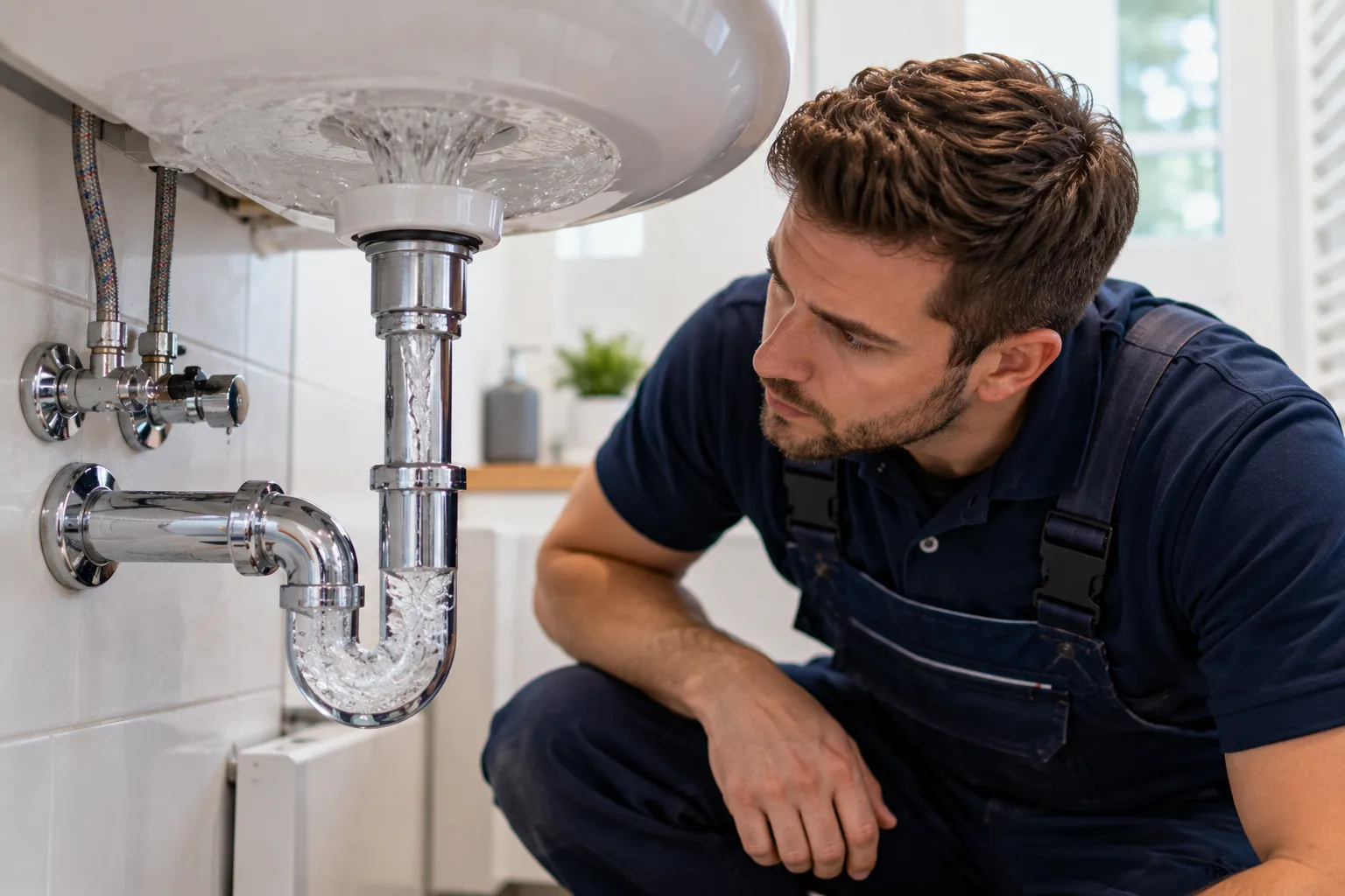 Techniker in dunkelblauer Arbeitskleidung beobachtet unter einem Waschbecken, wie Wasser durch den verchromten Siphon abläuft