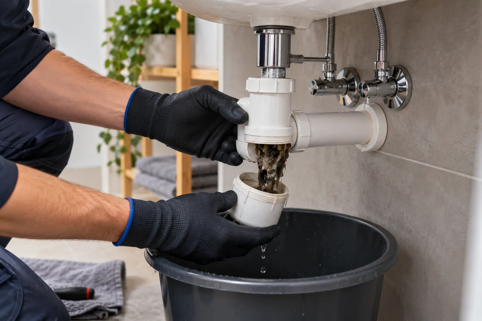 Techniker öffnet den Siphon unter einem Waschbecken, die Ablagerungen fallen sichtbar in einen bereitgestellten Eimer