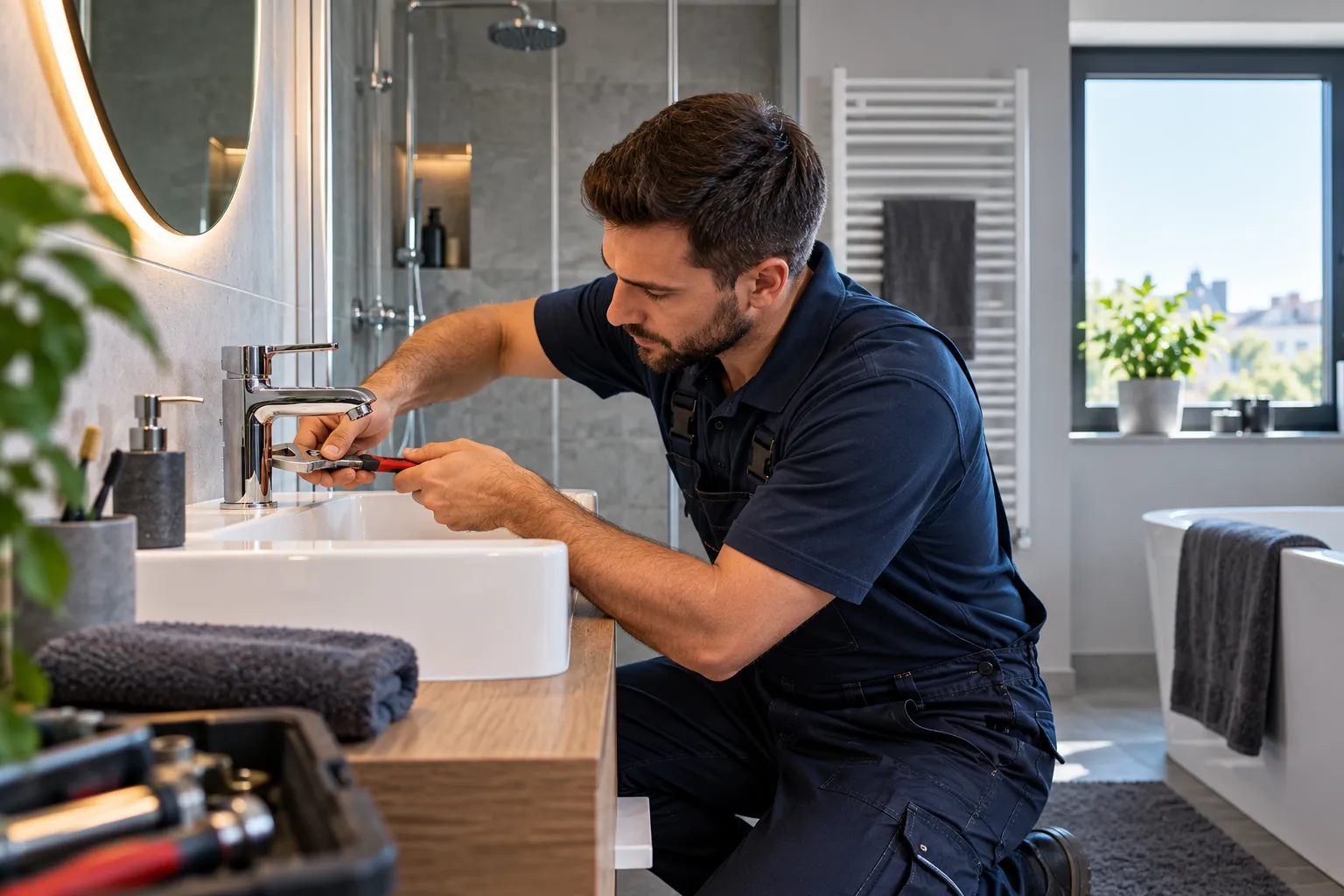Installateur in dunkelblauer Arbeitskleidung arbeitet an einem Waschtisch in einem modernen Bad mit Blick über Berlin