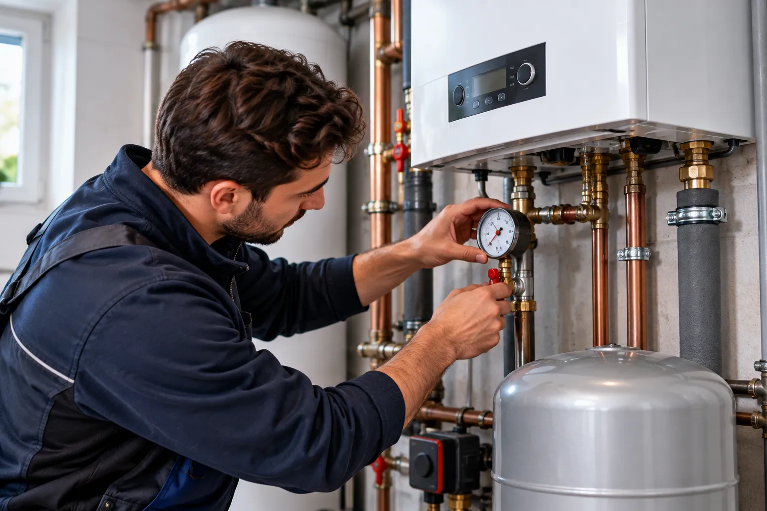 Techniker prüft ein Manometer an der Heizungsanlage, darunter ein silbernes Ausdehnungsgefäß im Technikraum