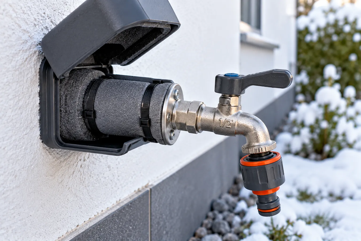 Außenwasserhahn mit Schlauchanschluss und gedämmter Frostschutzabdeckung an einer hellen Hauswand, im Hintergrund verschneite Beete