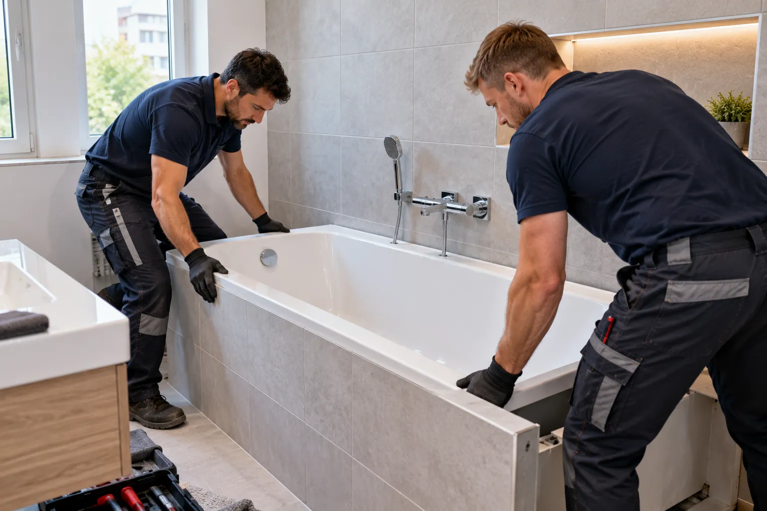 Zwei Monteure in dunkelblauer Arbeitskleidung setzen eine neue weiße Einbauwanne mit grau gefliester Verkleidung in ein helles Bad ein