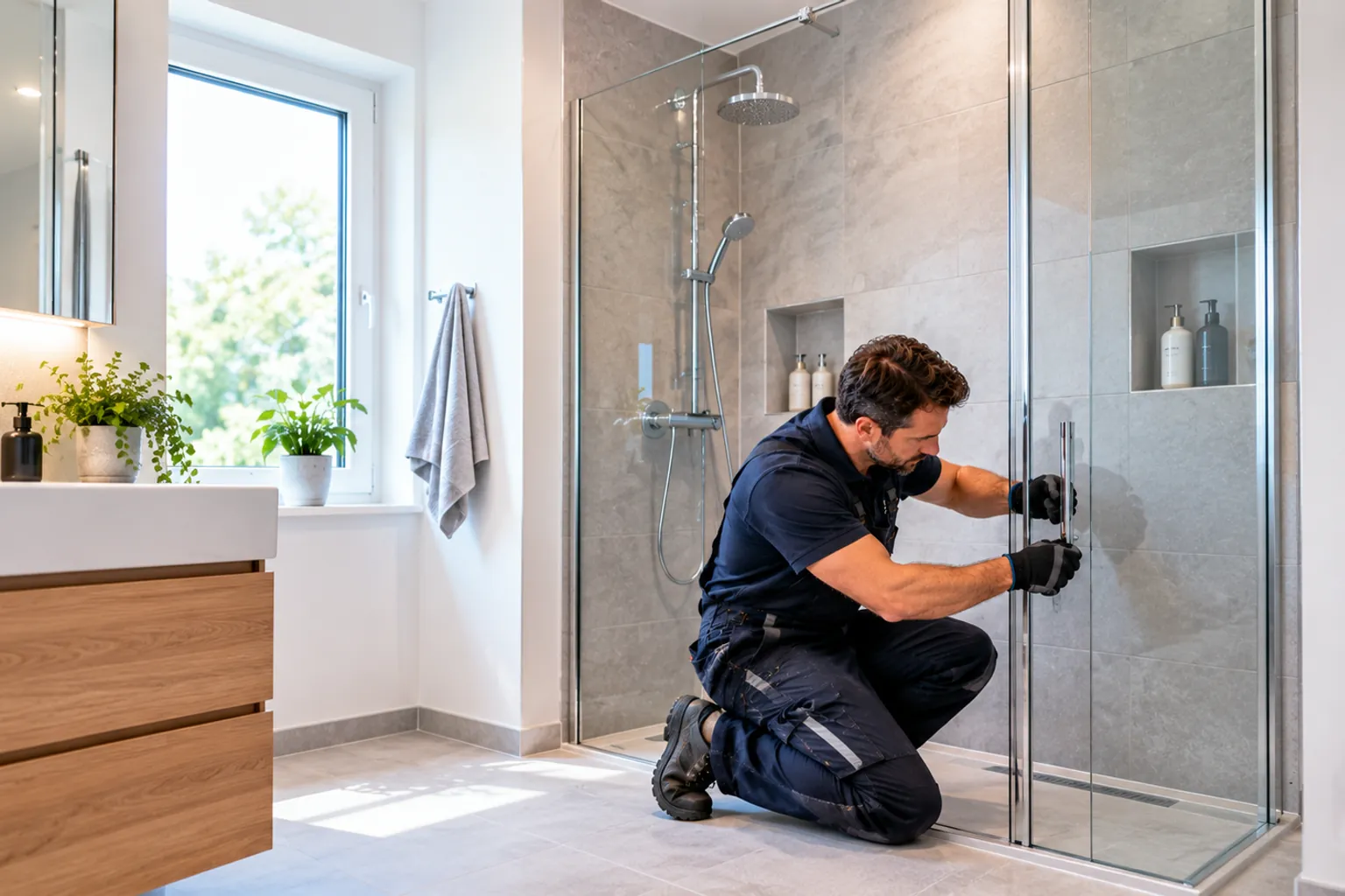 Installateur in dunkelblauer Arbeitskleidung montiert die Glastür einer neuen bodengleichen Dusche in einem hellen Bad