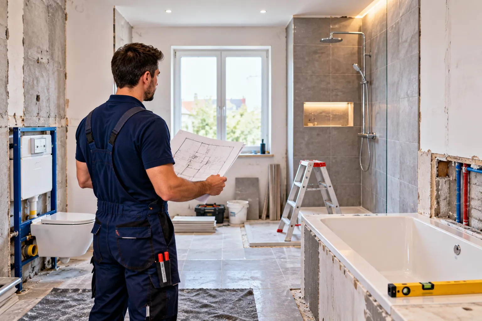 Handwerker mit Bauplan steht in einem Bad im Umbau mit neu montiertem WC, neuer Badewanne und teilweise gefliester Dusche