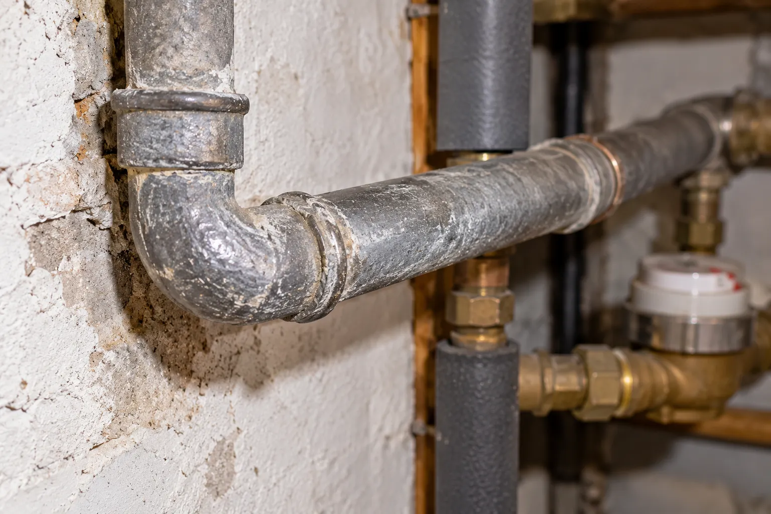 Alte graue Metallleitung mit Rohrbogen an einer weiß gestrichenen Kellerwand, daneben neuere gedämmte Leitungen und ein Wasserzähler