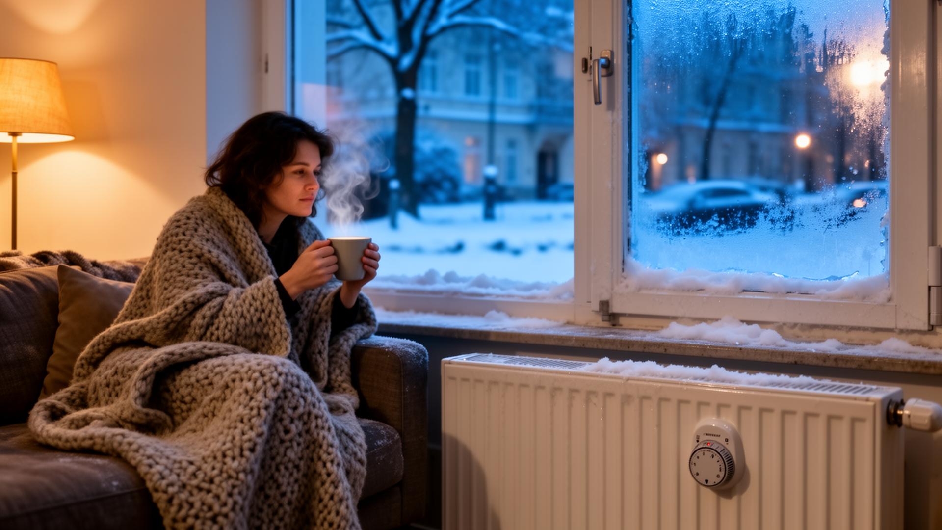 Person sitzt in eine Wolldecke gewickelt am Fenster einer Berliner Altbauwohnung, vor einem ausgefallenen Heizkörper im Winter