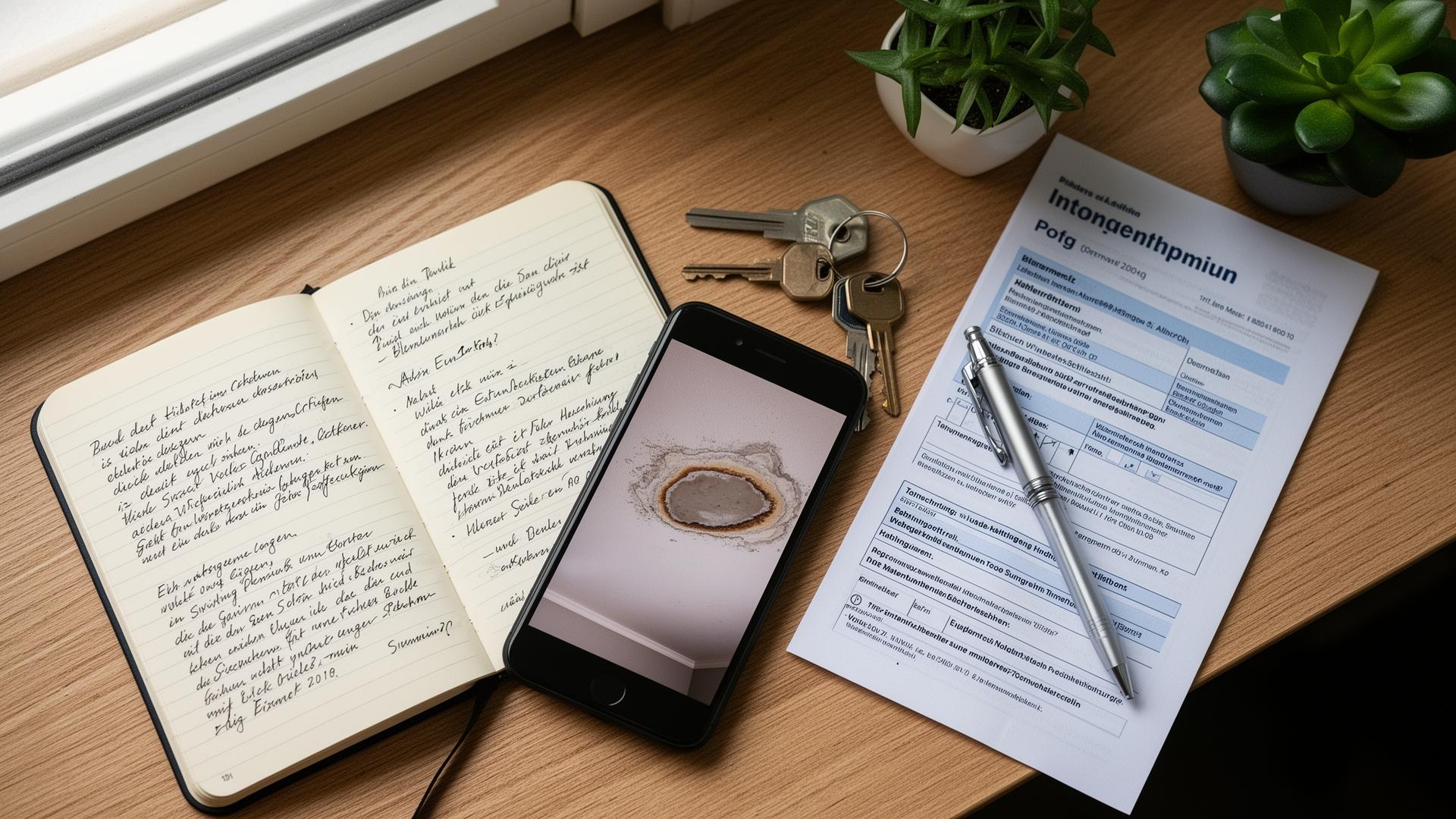 Schreibtisch mit Notizbuch, Versicherungspolice und Smartphone mit Foto eines Wasserflecks an der Decke