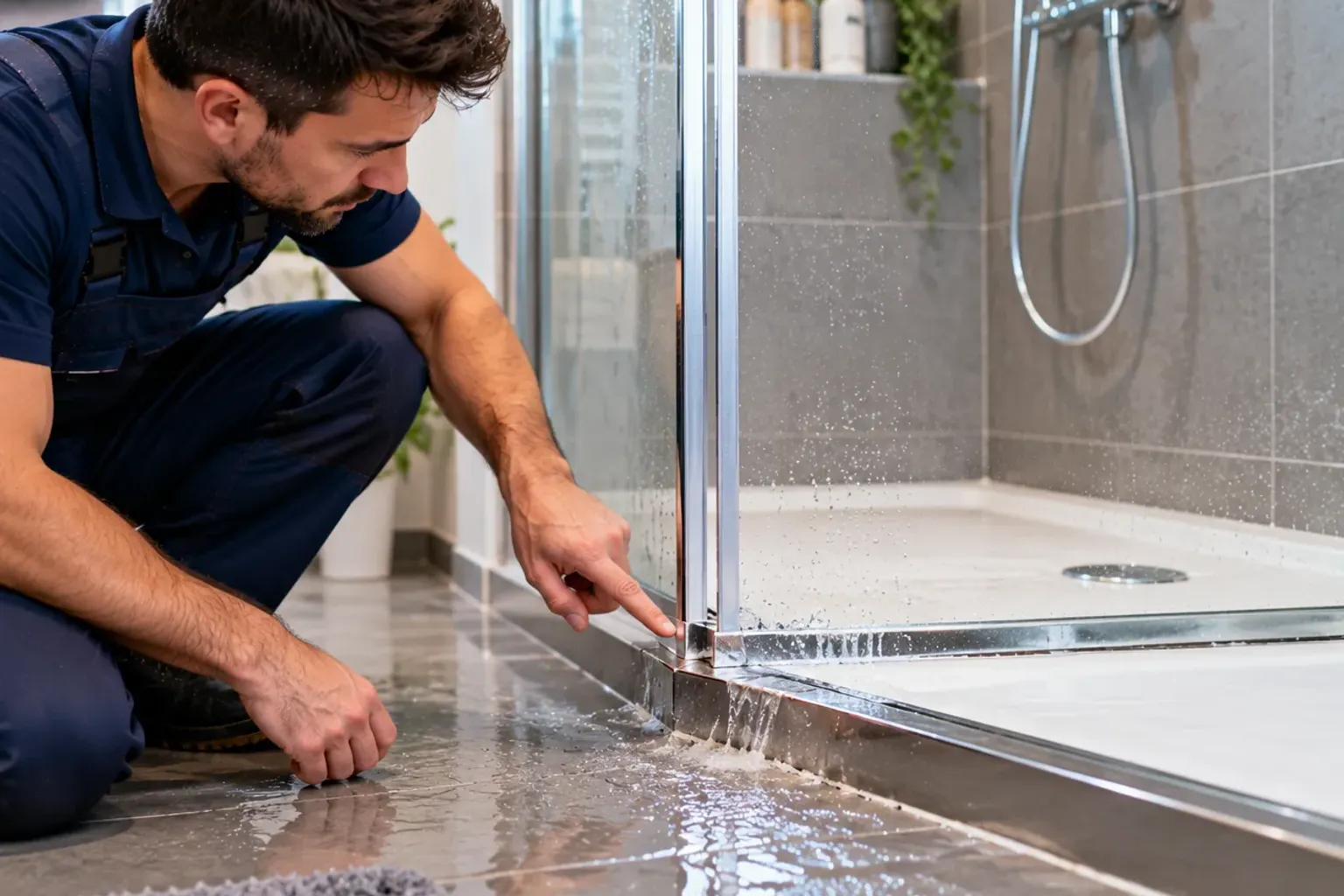 Installateur prüft den bodennahen Übergang einer Dusche mit Glasabtrennung in einem hellen Bad