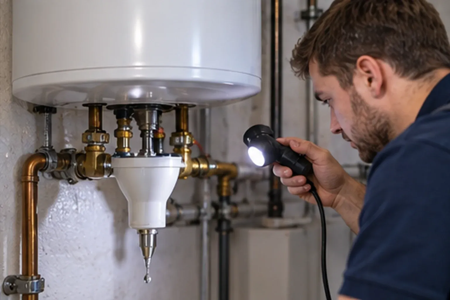 Techniker in dunkelblauer Arbeitskleidung leuchtet mit einer Taschenlampe die Anschlüsse unter einem wandhängenden Warmwasserspeicher ab, an denen ein Tropfen hängt