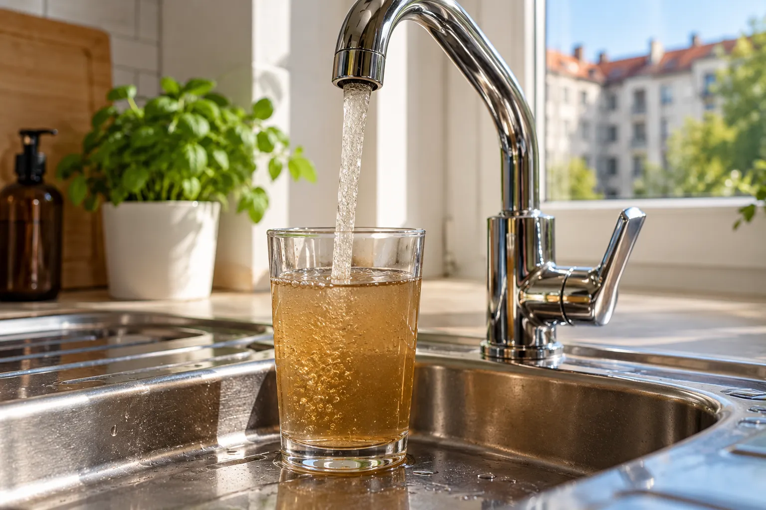 Glas mit bräunlich verfärbtem Leitungswasser unter einem laufenden verchromten Küchenhahn, im Hintergrund der Blick aus dem Fenster auf Berliner Altbauten