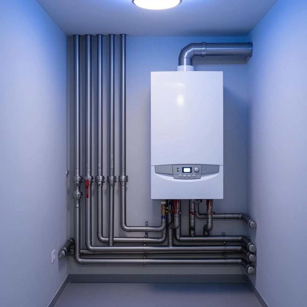 Weiße Gas-Brennwerttherme an einer Wand im Technikraum mit grau gedämmten Vorlauf-, Rücklauf- und Gasleitungen und Abgasrohr nach oben