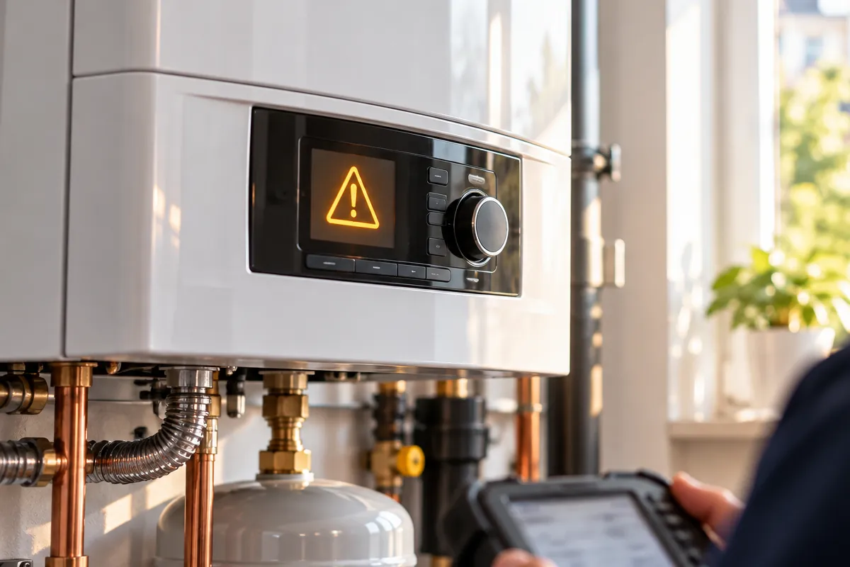 Display einer weißen Gas-Wandtherme zeigt ein gelbes Warndreieck; im Vordergrund hält ein Techniker ein Diagnosegerät, unter dem Gerät Gas- und Wasseranschlüsse