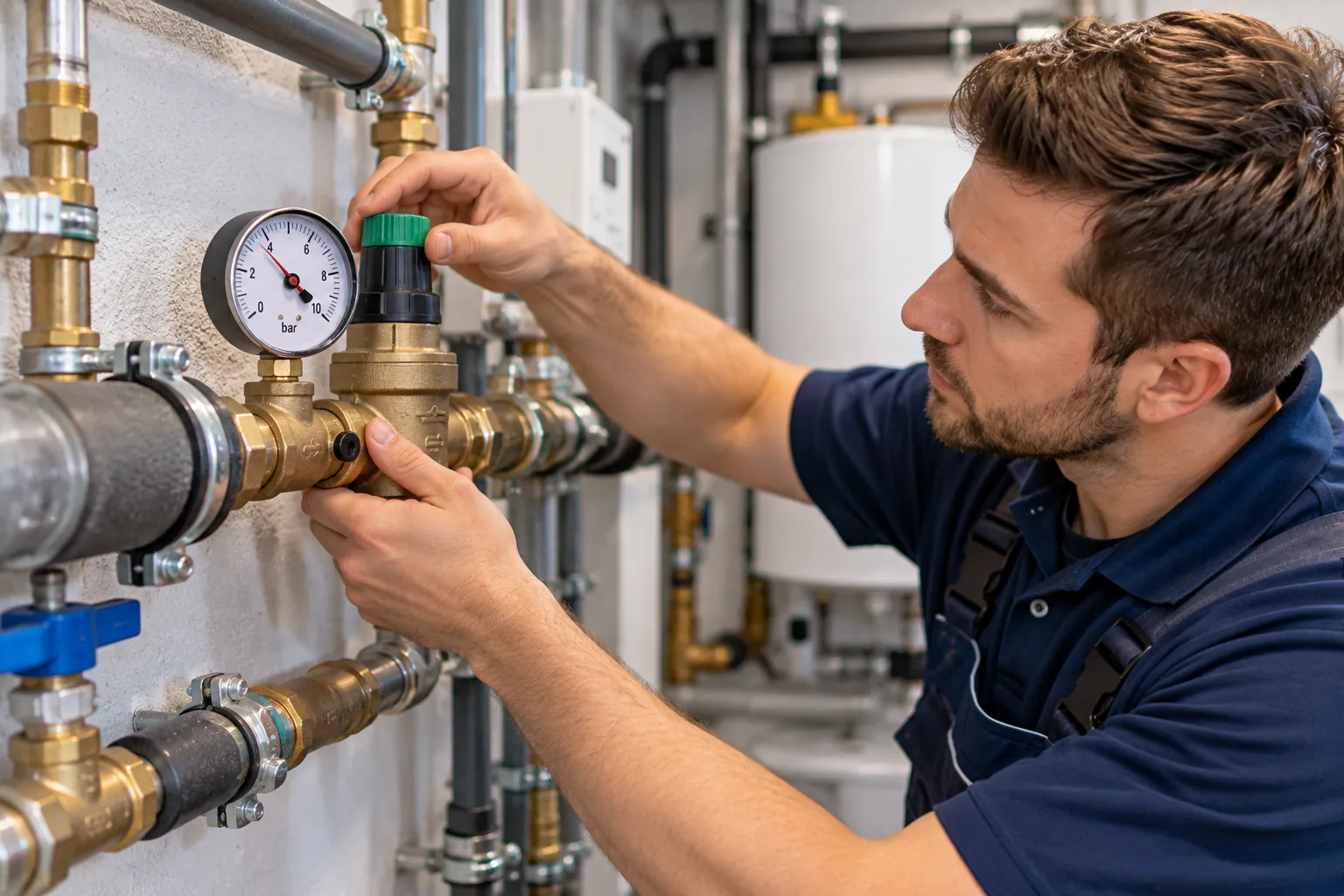 Techniker in dunkelblauer Arbeitskleidung justiert im Hausanschlussraum einen Druckminderer mit Manometer an der Trinkwasserleitung