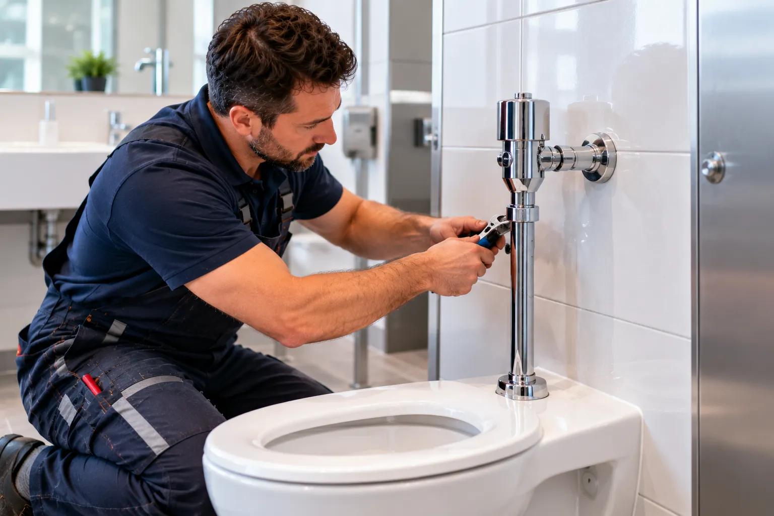 Installateur in dunkelblauer Arbeitskleidung arbeitet mit einer Zange an einem verchromten Aufputz-Druckspüler über einem wandhängenden WC