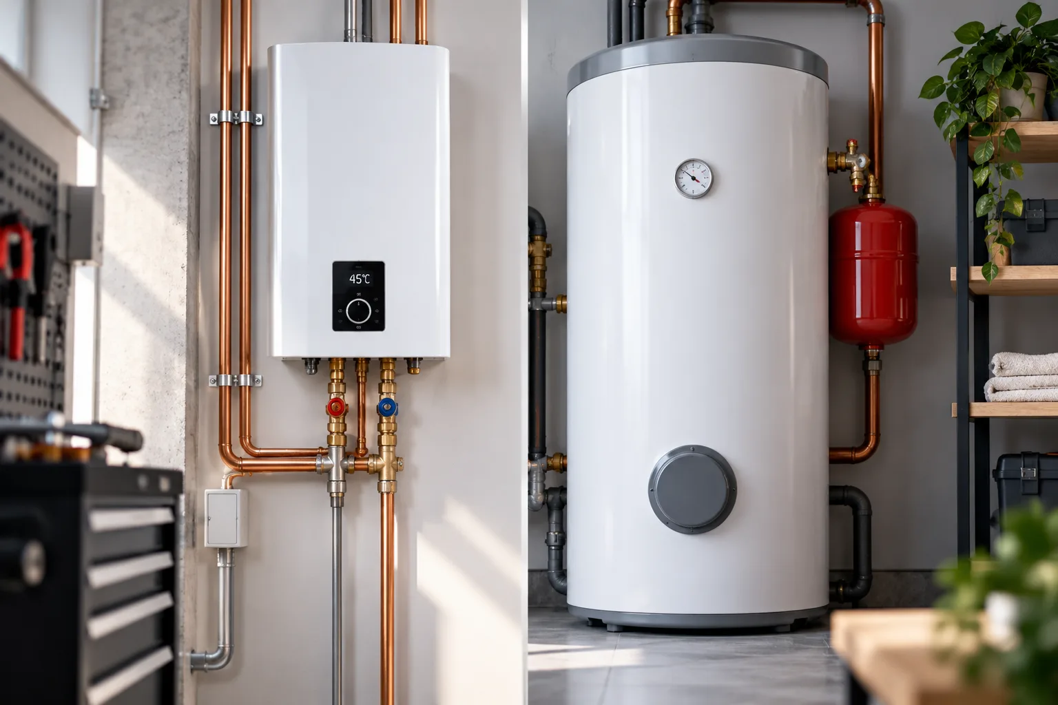Wandhängender Durchlauferhitzer mit Kupferleitungen links und stehender Warmwasserspeicher mit Ausdehnungsgefäß rechts im Technikraum