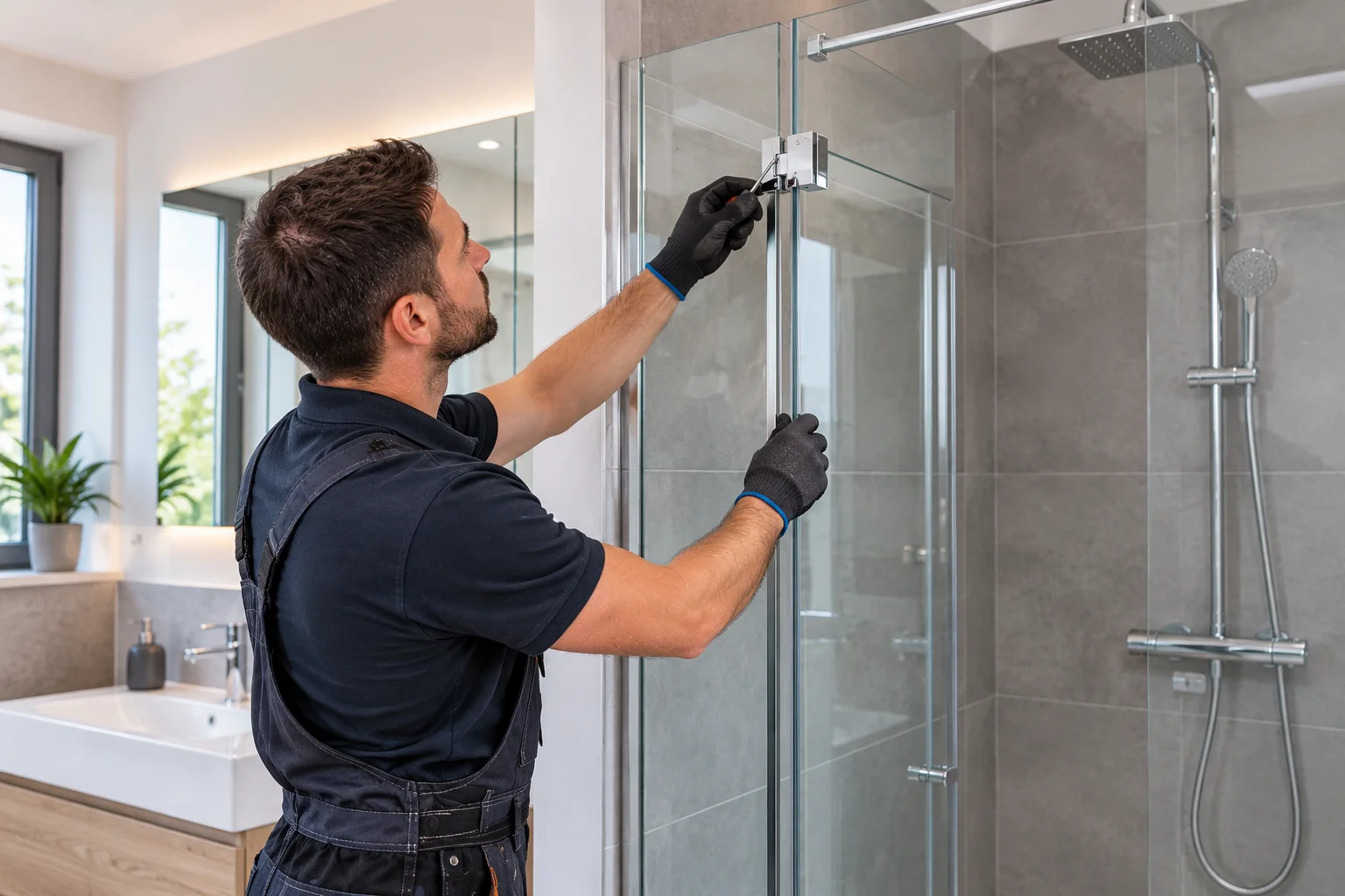 Monteur arbeitet an einer Glasduschwand, im Hintergrund eine verchromte Thermostat-Brausegarnitur an der grauen Fliesenwand