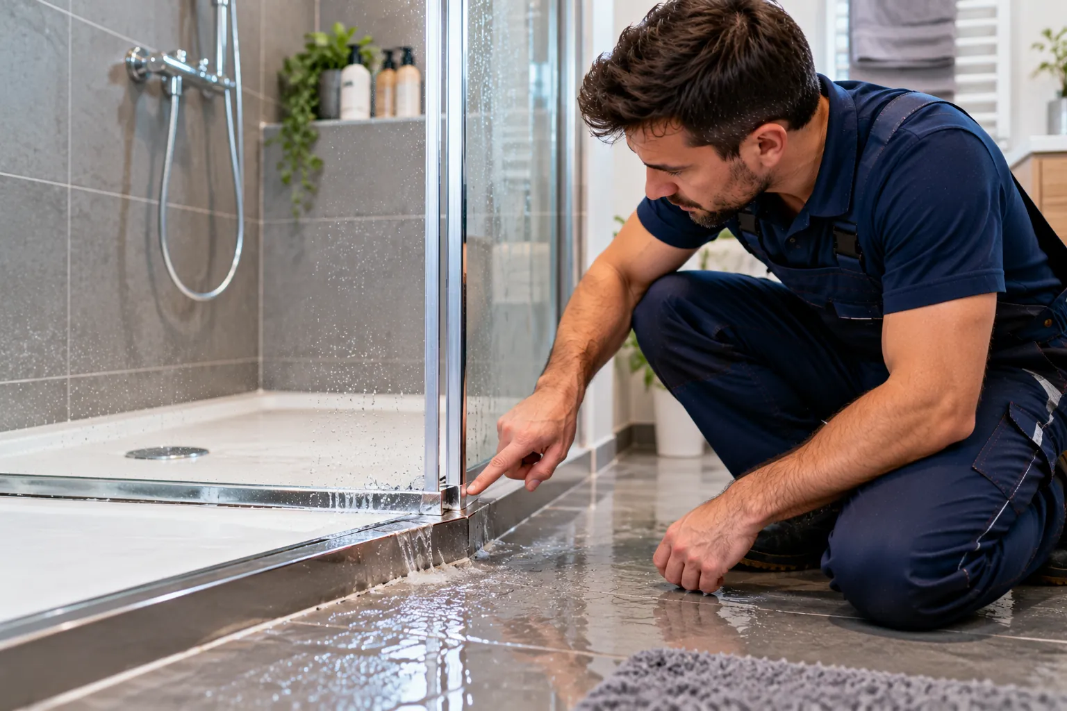 Monteur kniet vor einer Dusche mit Glasabtrennung und zeigt auf Wasser, das unter der Abtrennung auf den Fliesenboden des Bads läuft