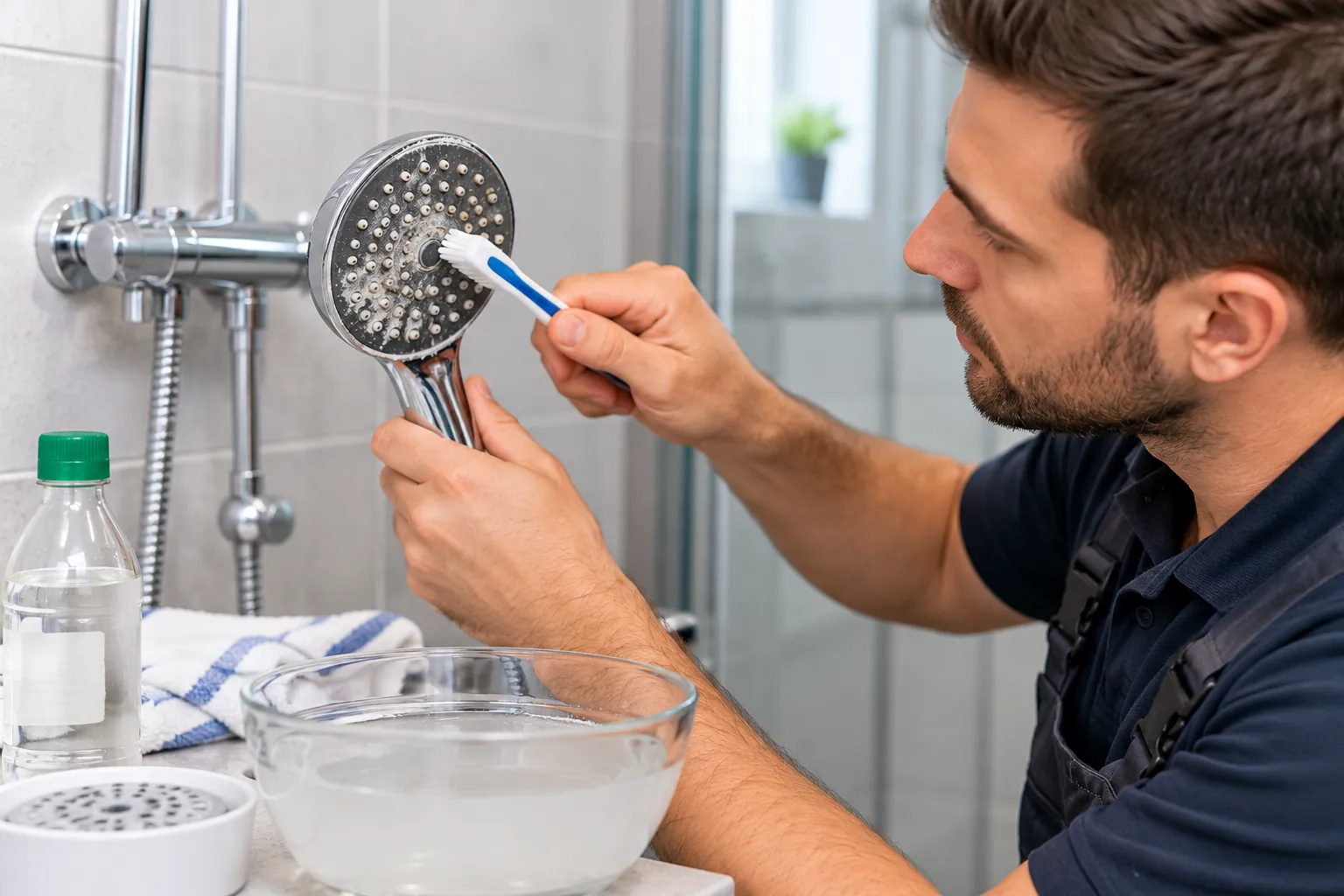 Techniker in dunkelblauer Arbeitskleidung bürstet mit einer weichen Bürste die verkalkten Düsen eines abgenommenen Handbrausekopfs, davor eine Glasschale mit Flüssigkeit und eine Flasche