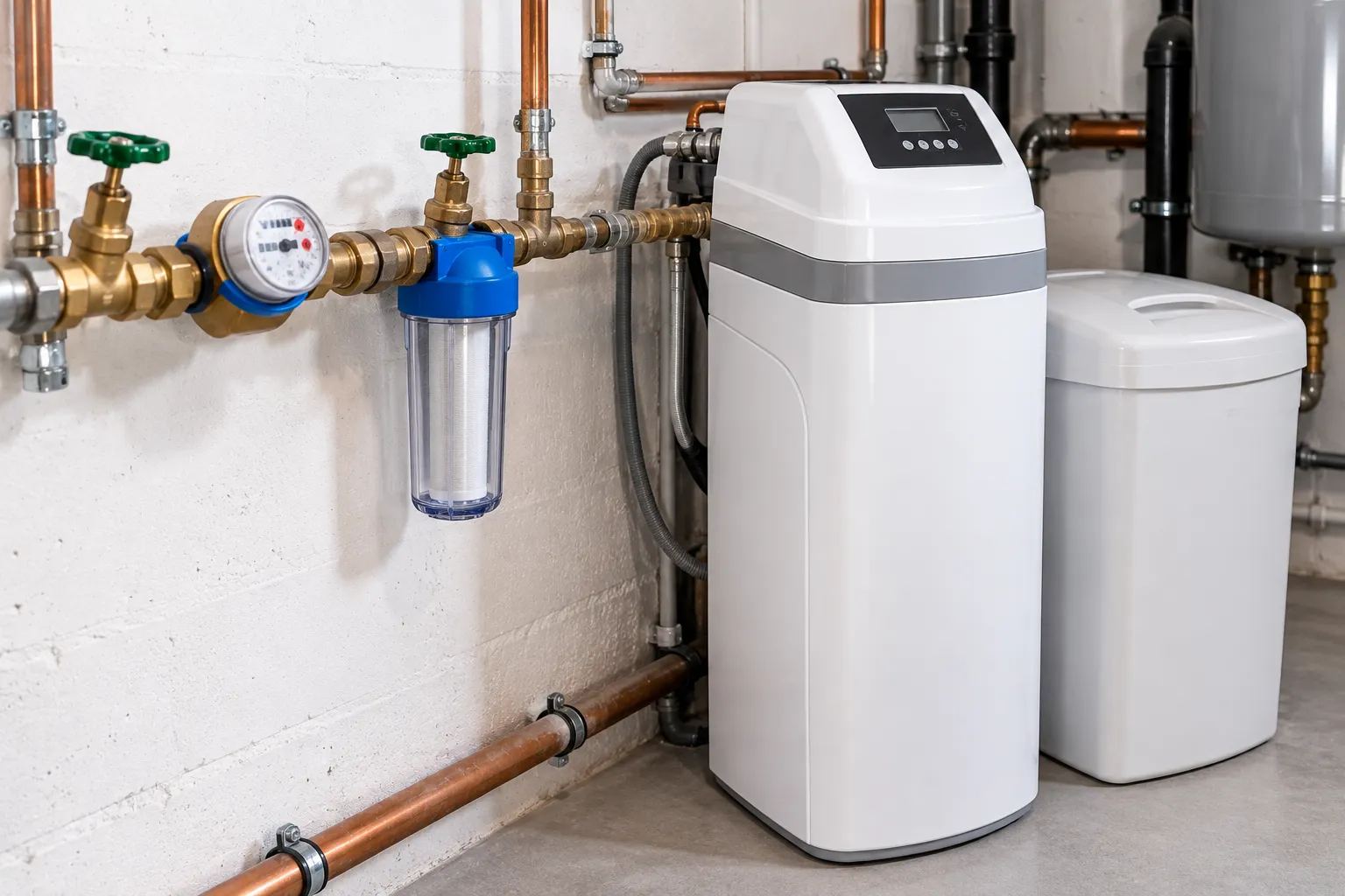 Weiße Enthärtungsanlage mit separatem Salzbehälter in einem hellen Technikraum, daneben Wasserzähler, Filter und Absperrventile an der Trinkwasserleitung