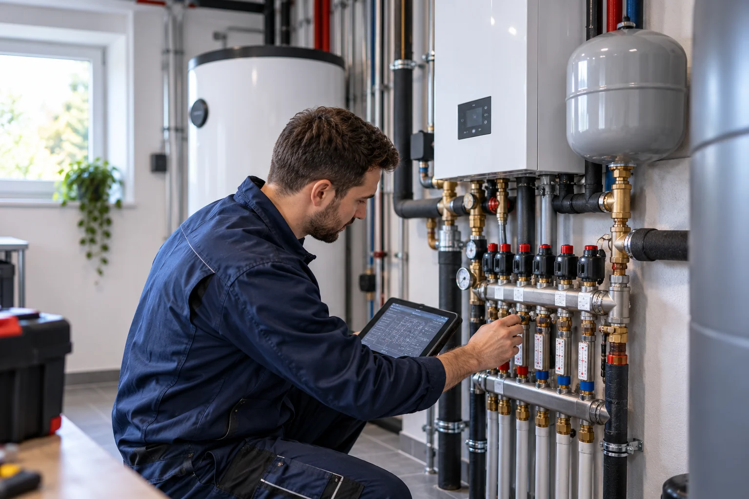 Techniker prüft mit einem Tablet die Armaturen eines Heizkreisverteilers in einem Technikraum mit Wandgerät, Ausdehnungsgefäß und Speicher