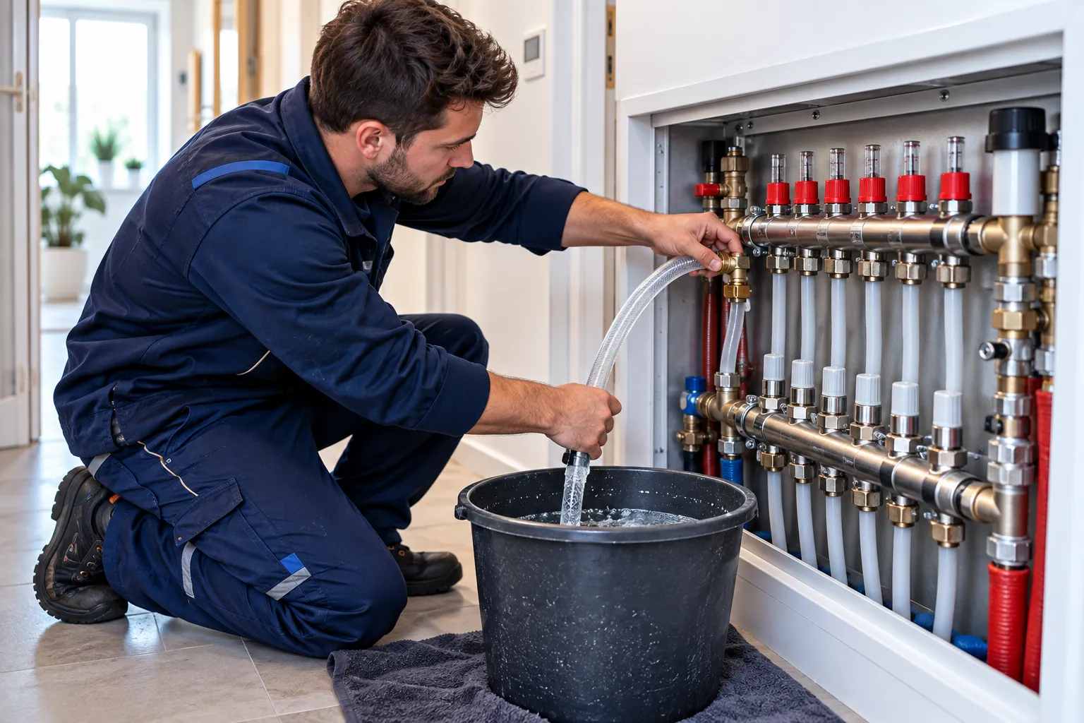 Techniker in dunkelblauer Arbeitskleidung kniet am geöffneten Heizkreisverteiler einer Fußbodenheizung und lässt über einen transparenten Schlauch Wasser in einen Eimer ab