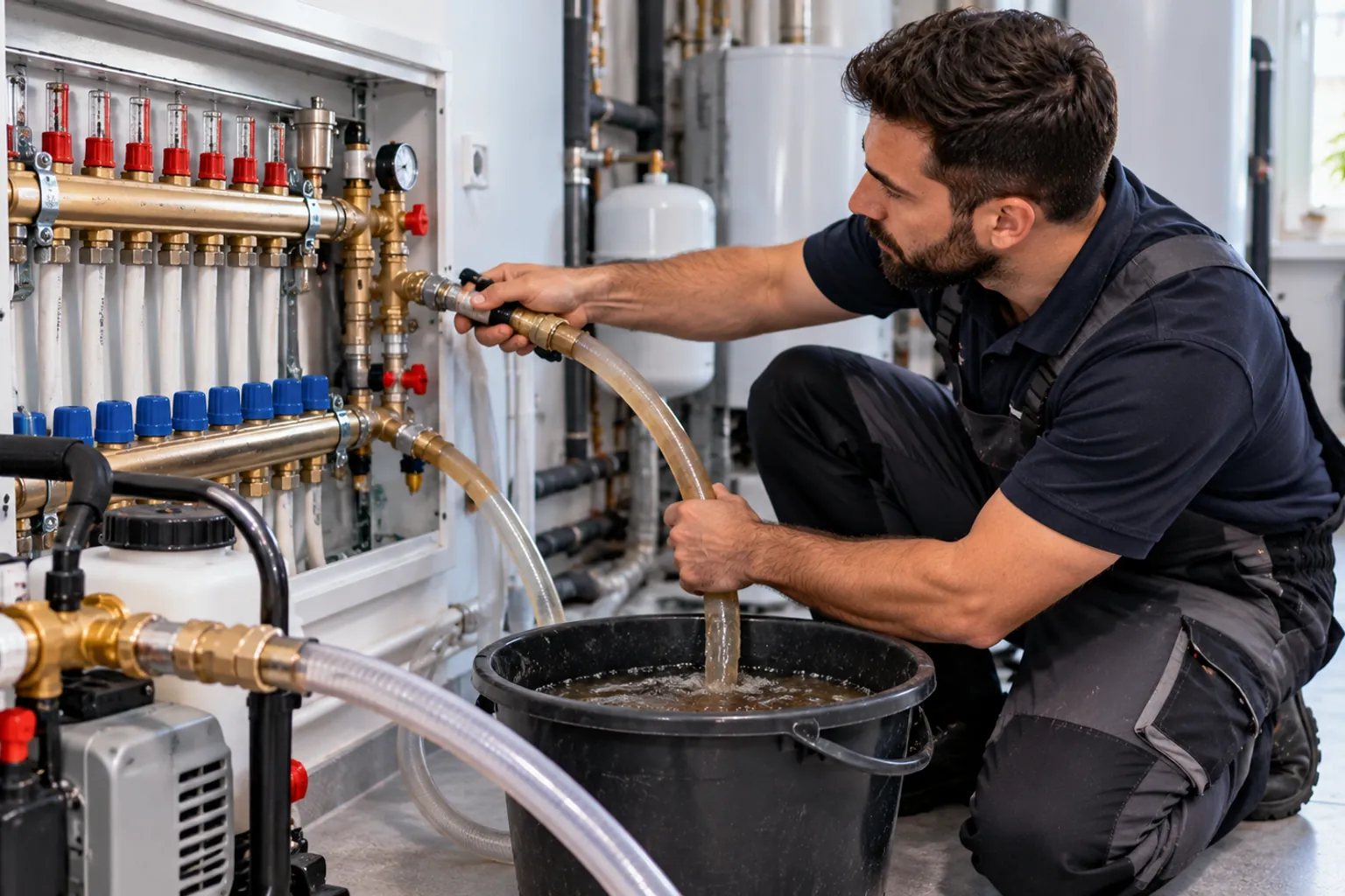Techniker in dunkler Arbeitskleidung spült an einem geöffneten Heizkreisverteiler einen Fußbodenheizungskreis, trübes Wasser läuft aus einem Schlauch in einen Eimer, davor ein Spülgerät