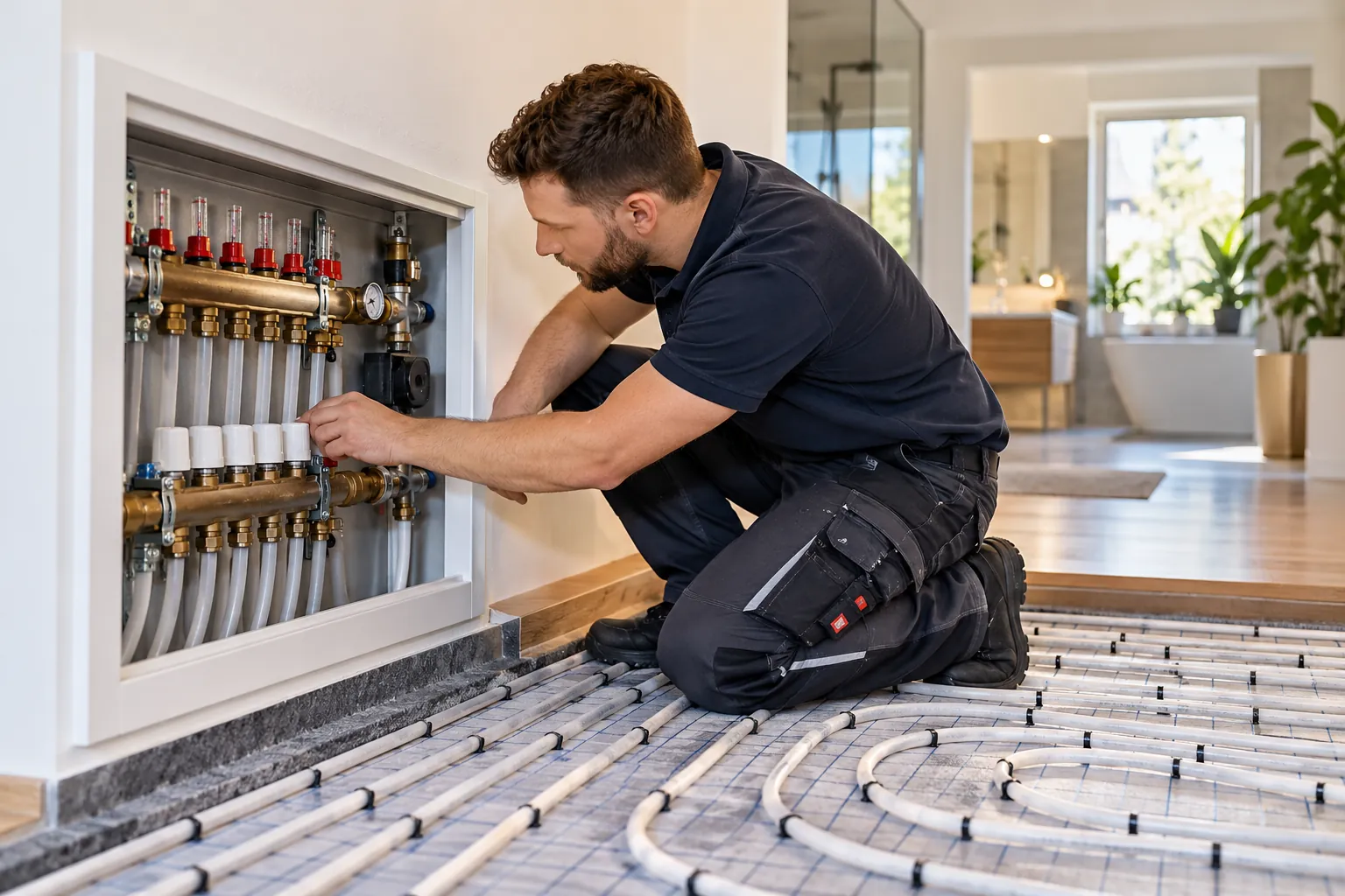 Techniker in dunkelblauer Arbeitskleidung prüft am geöffneten Heizkreisverteiler einer Fußbodenheizung die Ventile, davor liegen verlegte Heizrohre