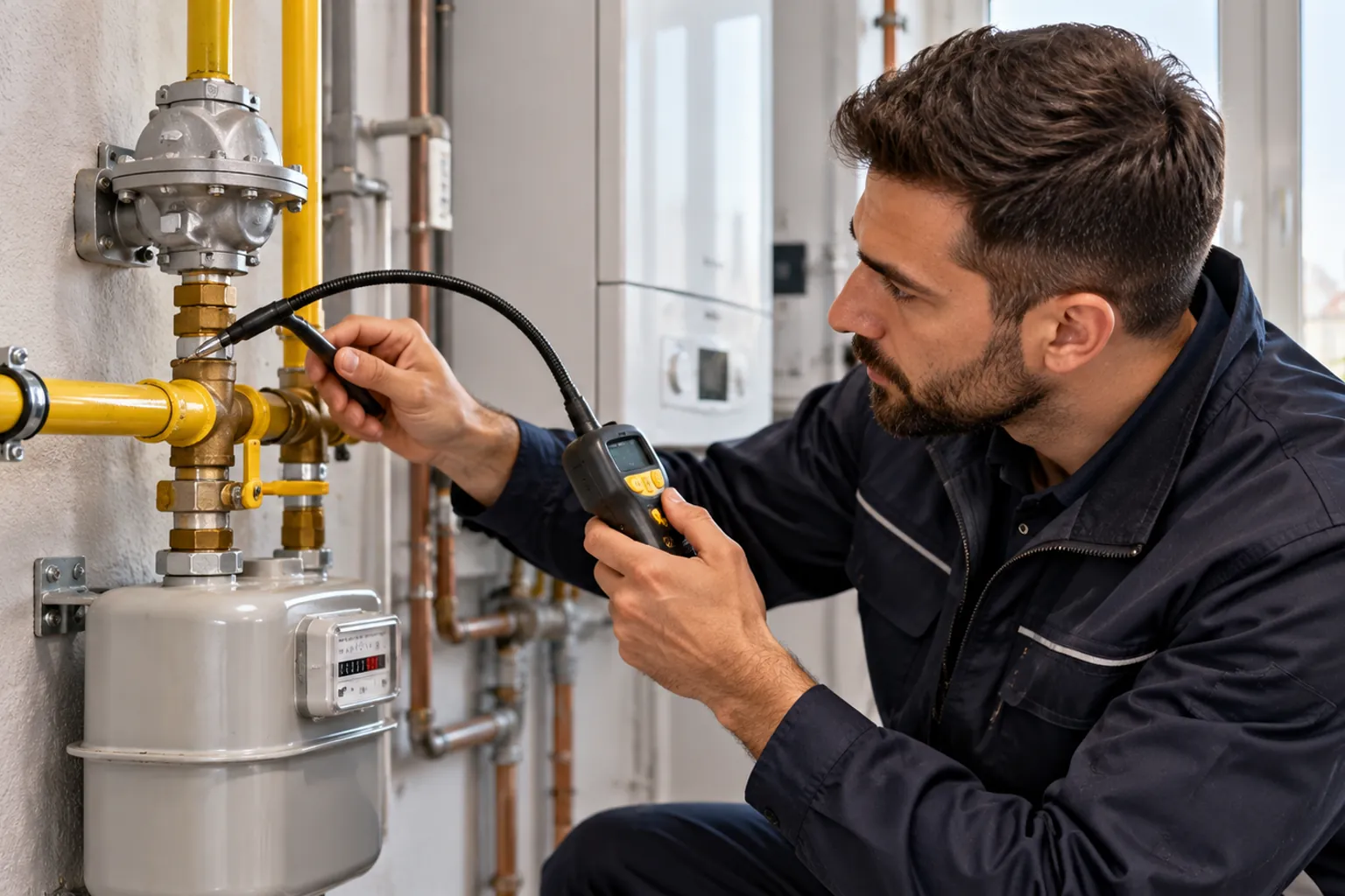Techniker in dunkelblauer Arbeitskleidung prüft mit einem Gaslecksuchgerät die Verbindungen an einer gelben Gasleitung oberhalb eines Gaszählers