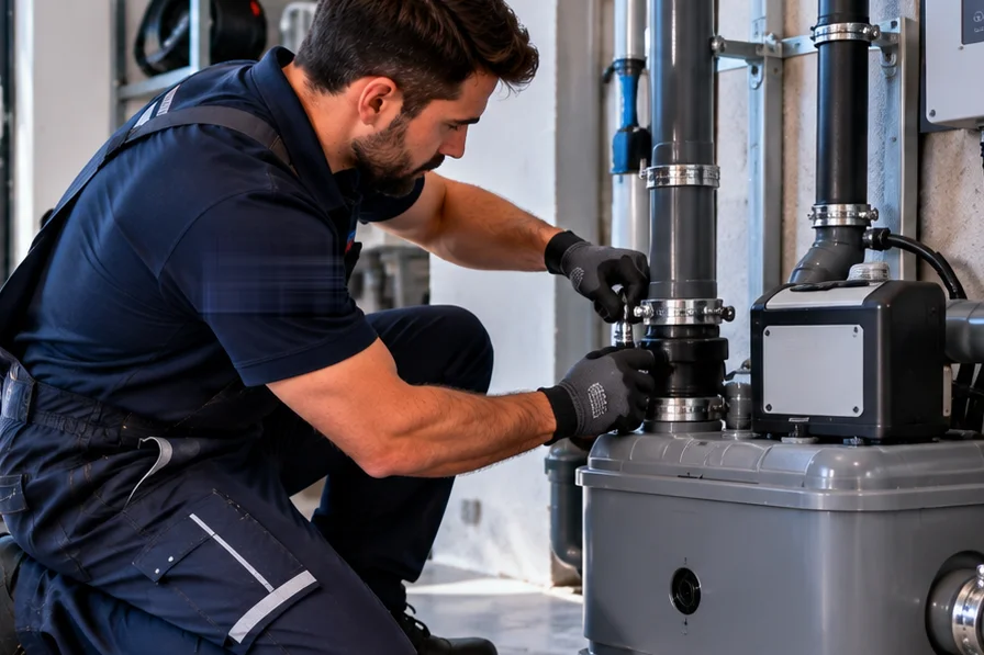 Techniker arbeitet an der Rohrverbindung einer grauen Abwasserhebeanlage mit Steuergerät im Kellerraum