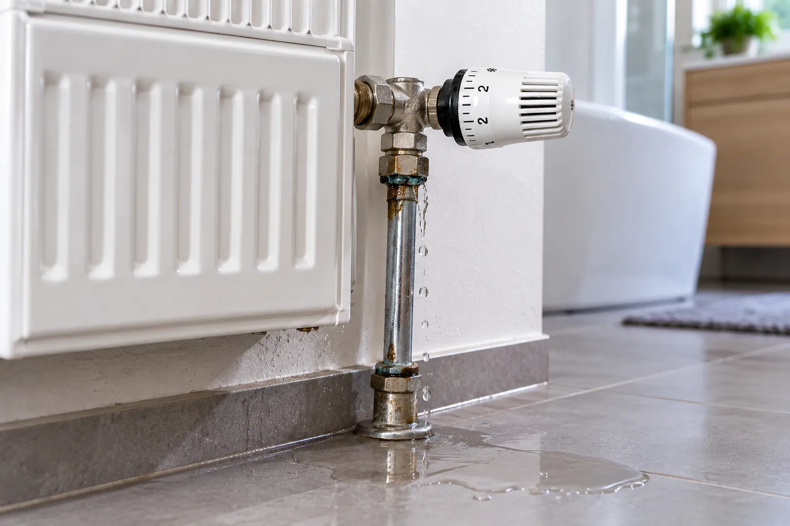 Wasser tropft an der Anschlussleitung unter dem Thermostatventil eines weißen Heizkörpers und bildet eine kleine Pfütze auf dem Fliesenboden