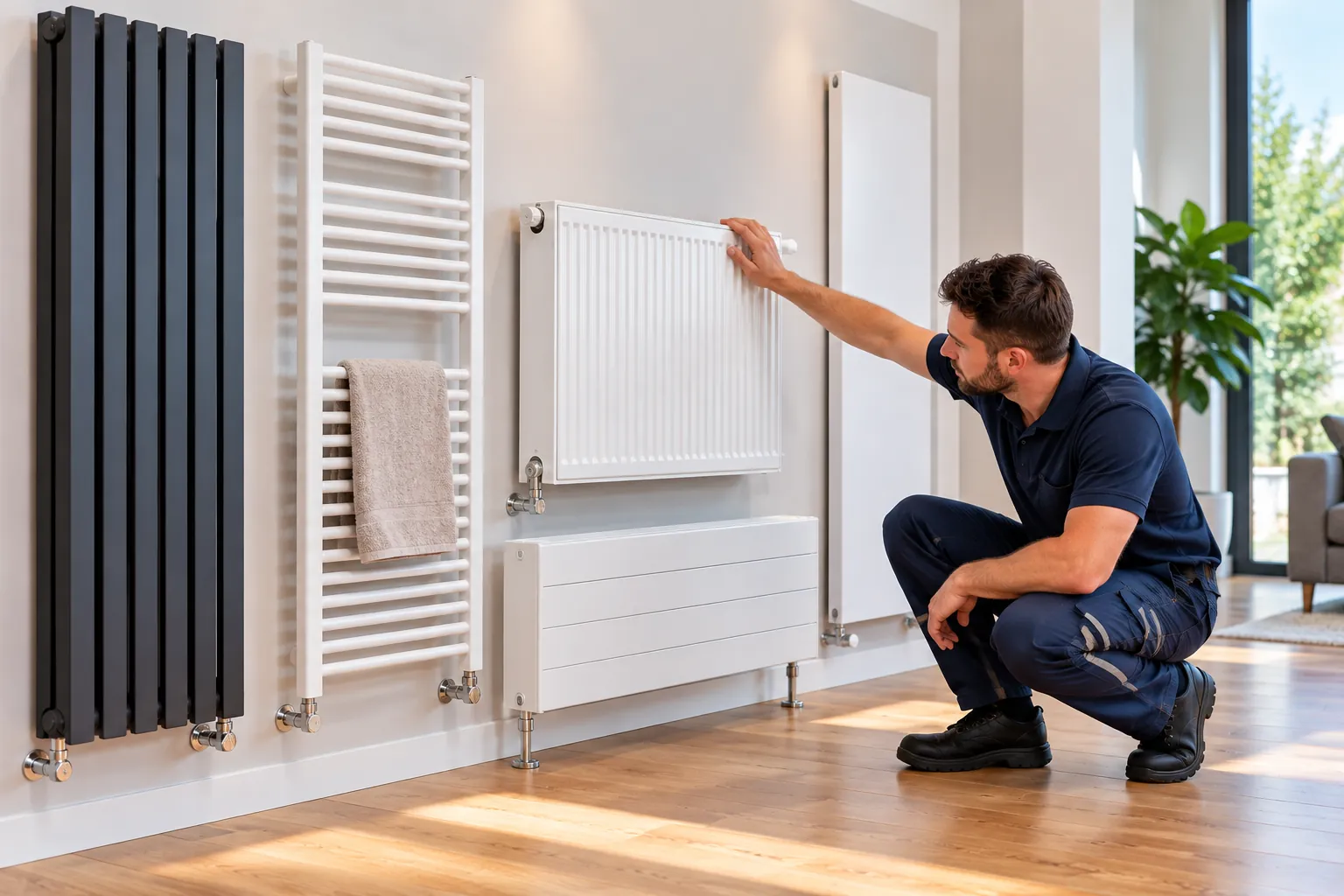Verschiedene Heizkörper an einer hellen Wand – schwarzer Röhrenradiator, weißer Handtuchheizkörper, Plattenheizkörper, flacher Niedrigheizkörper und senkrechter Flachheizkörper –, davor ein Techniker in dunkelblauer Arbeitskleidung