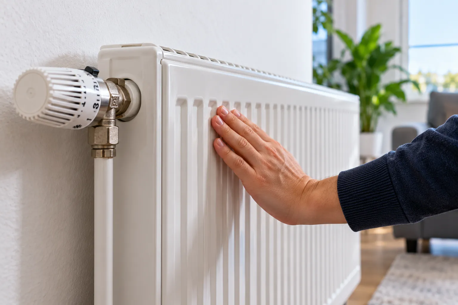 Hand liegt prüfend auf einem weißen Heizkörper mit Thermostatkopf in einem hellen Wohnraum