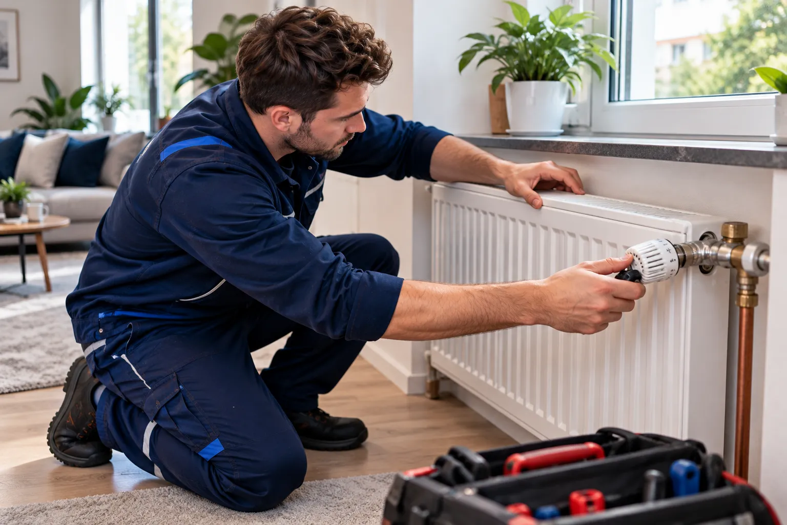 Techniker in dunkelblauer Arbeitskleidung kniet vor einem weißen Heizkörper unter dem Fenster, fühlt mit einer Hand die Oberkante und greift mit der anderen an das Thermostatventil