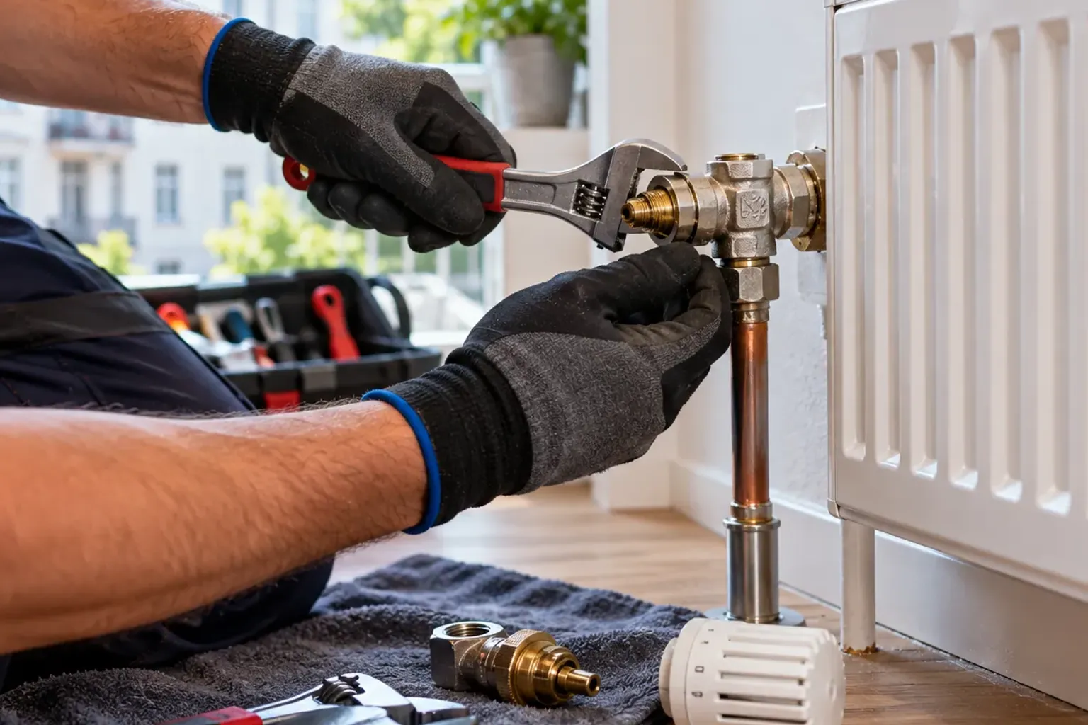 Techniker löst mit einem Schraubenschlüssel das Ventil an einem weißen Heizkörper, daneben liegt ein Thermostatkopf