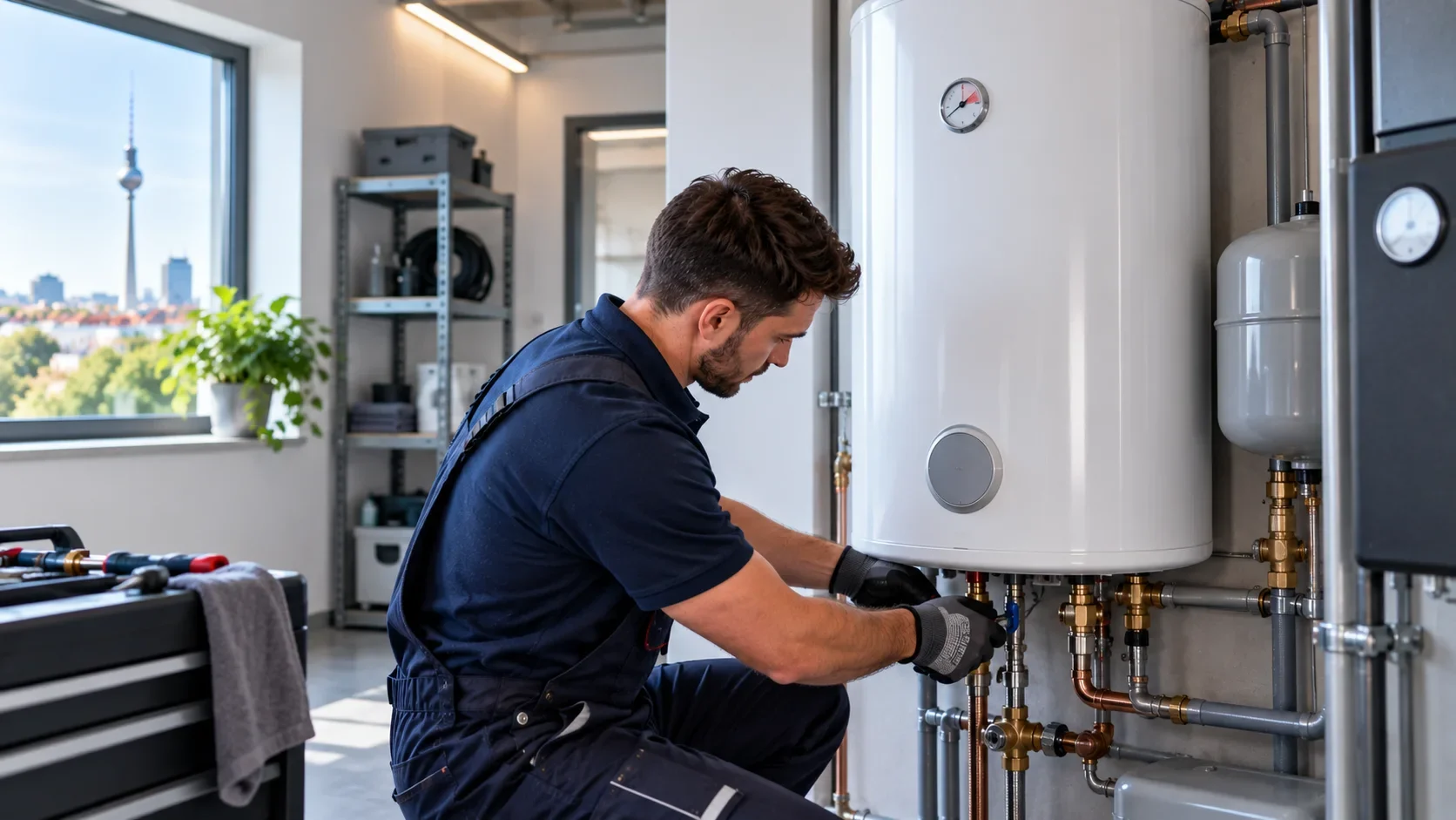 Monteur prüft die Anschlüsse eines wandhängenden Warmwasserspeichers in einem Berliner Technikraum