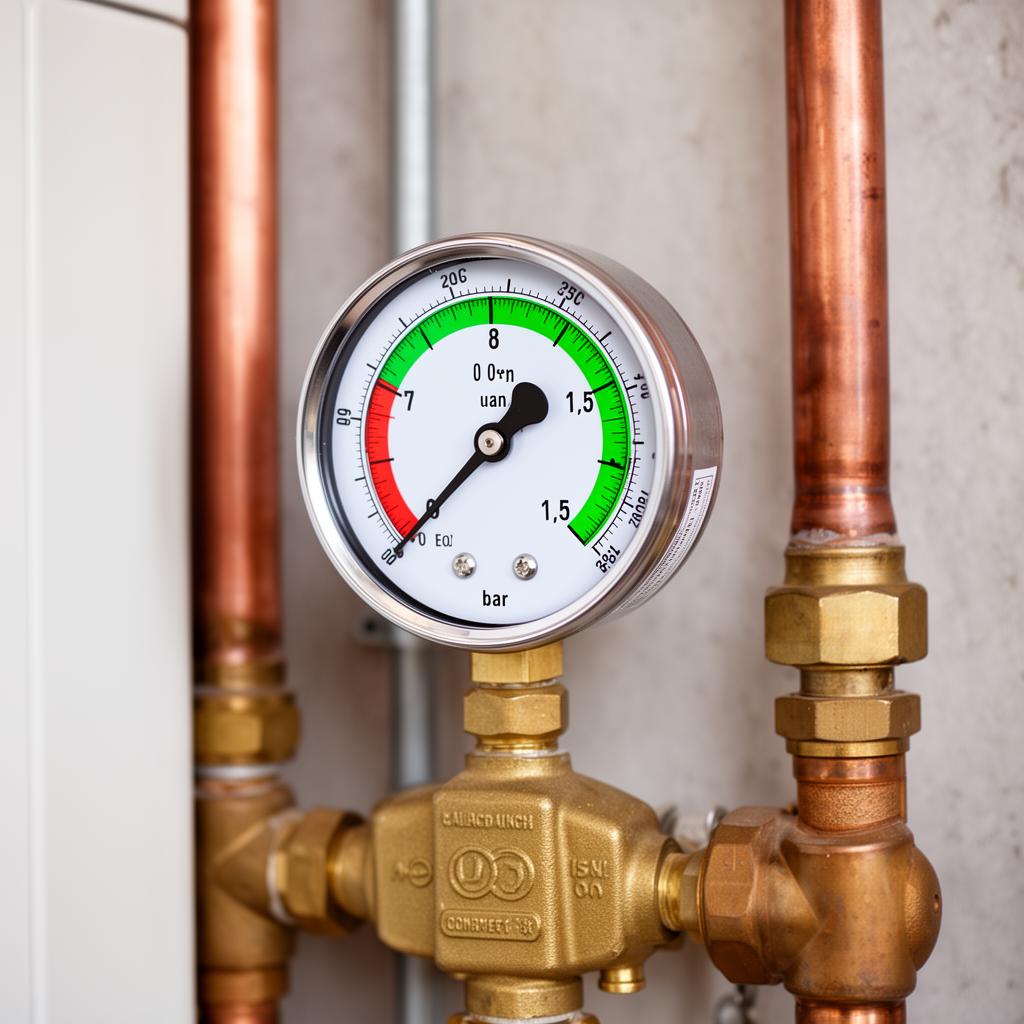Manometer einer Berliner Gastherme zeigt 1,5 bar im grünen Bereich