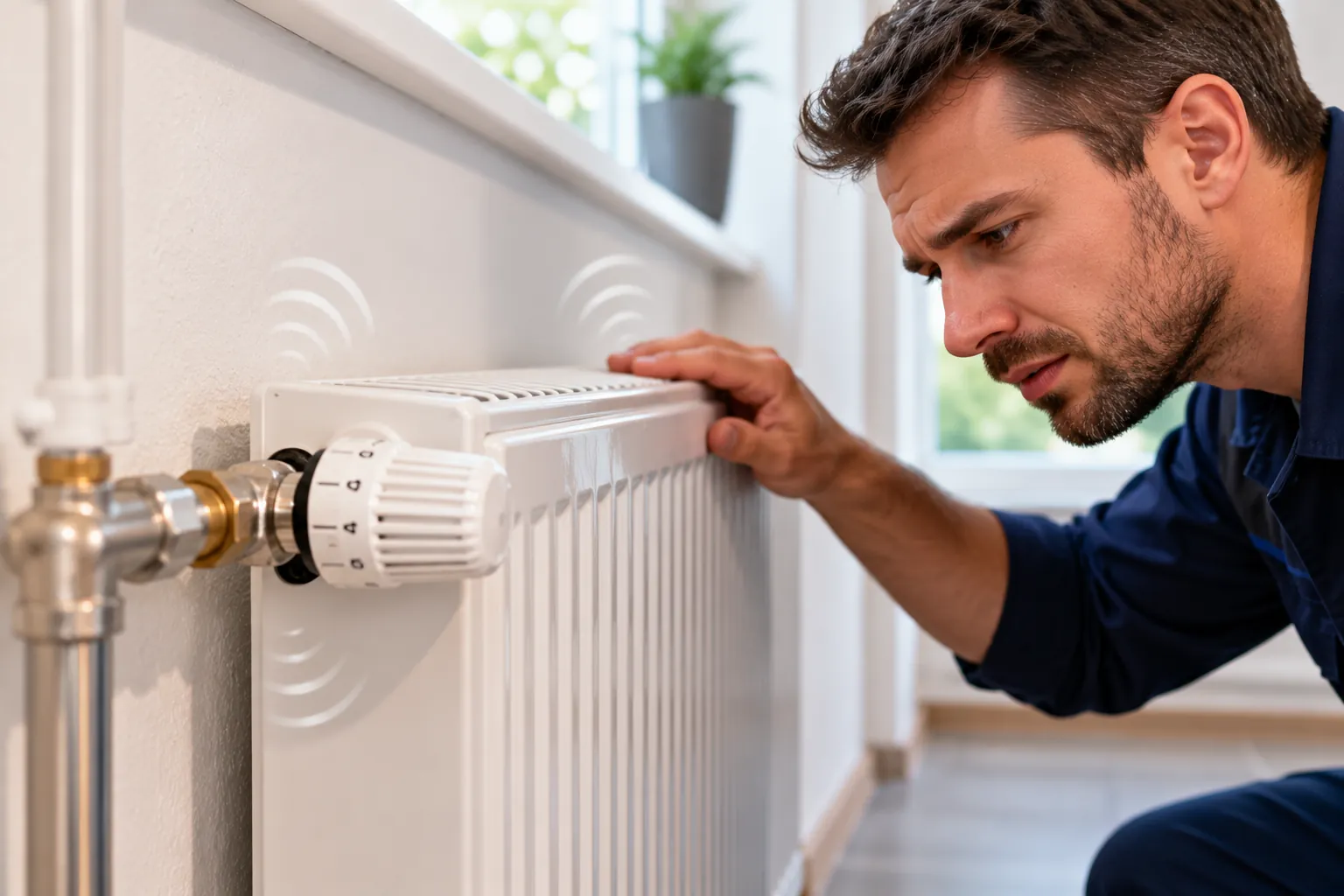 Techniker hält eine Hand an einen weißen Heizkörper mit Thermostatkopf und horcht konzentriert auf ein Geräusch