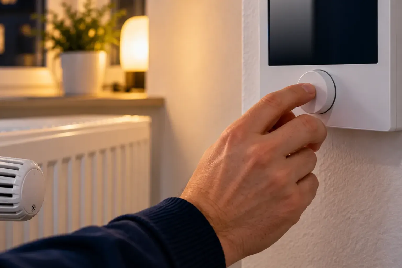Hand stellt am Wandregler die Heizung ein, daneben ein Heizkörper mit Thermostatkopf am Abend