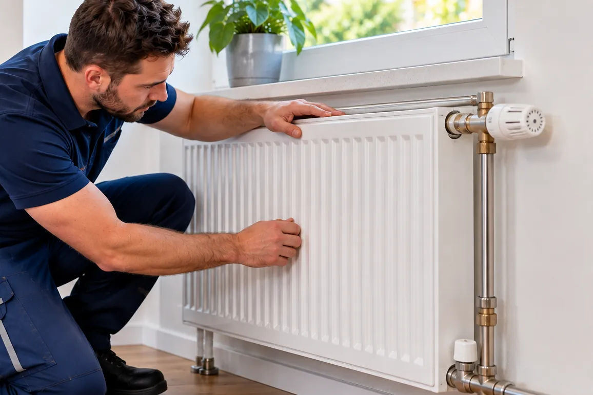 Techniker in dunkelblauer Arbeitskleidung legt beide Hände prüfend an einen weißen Plattenheizkörper unter dem Fenster; rechts Thermostatventil und Anschlussleitungen