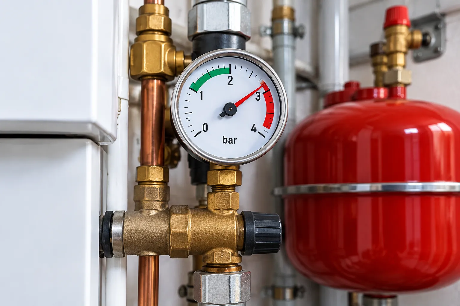 Manometer an einer Heizungsanlage, der Zeiger steht im roten Bereich; dahinter ein rotes Ausdehnungsgefäß und ein Sicherheitsventil