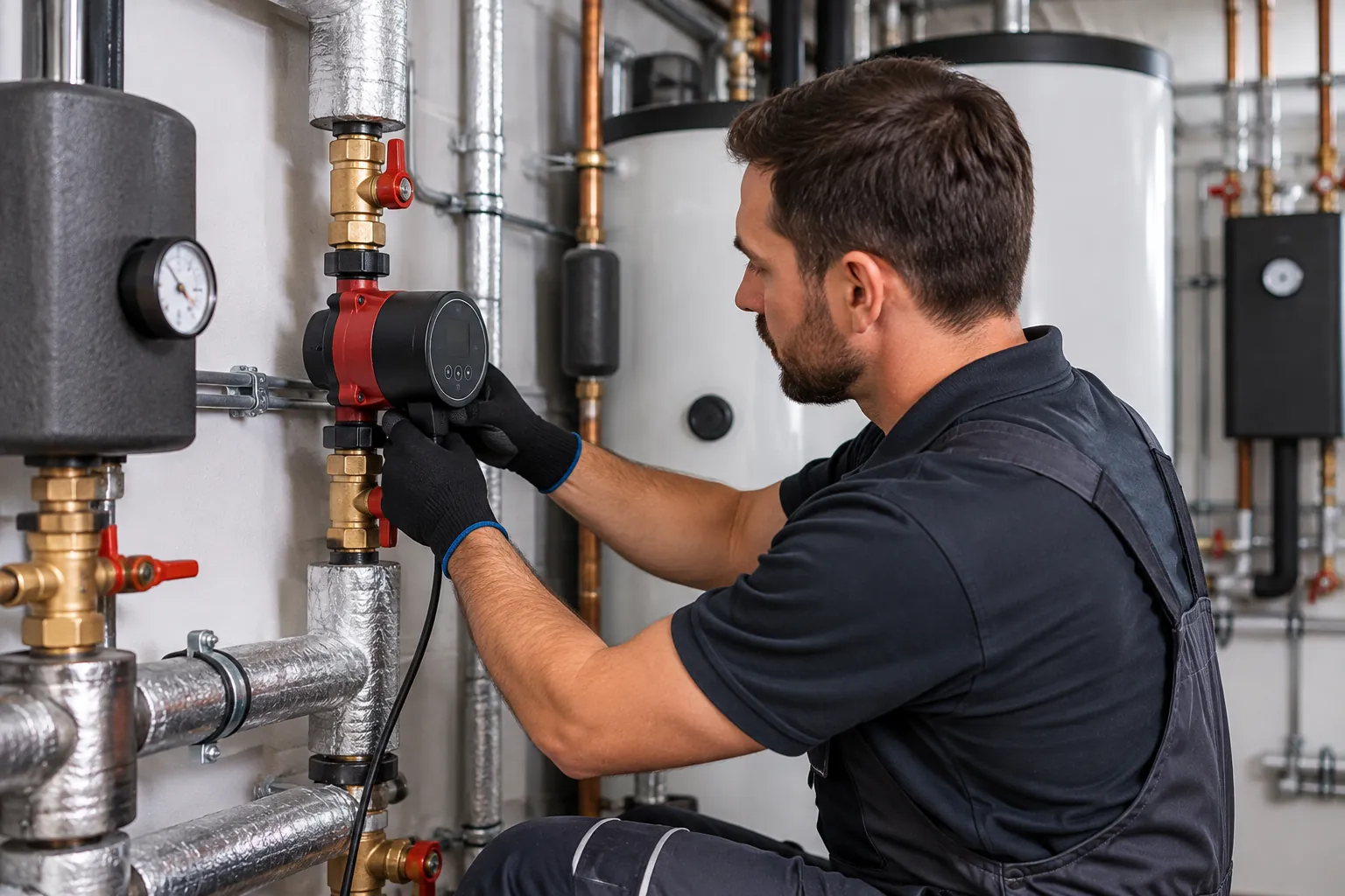 Heizungsinstallateur in dunkelblauer Arbeitskleidung arbeitet an einer Umwälzpumpe zwischen gedämmten Heizungsleitungen, im Hintergrund ein Speicher und weitere Heizungstechnik