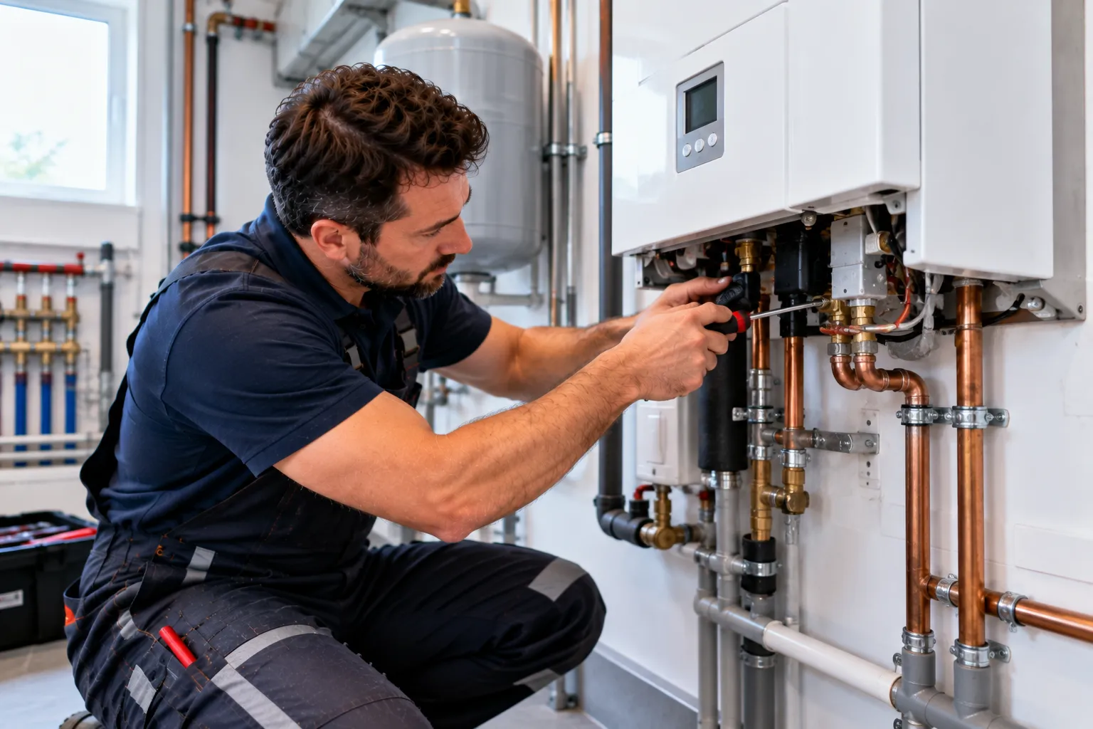 Techniker prüft die Anschlüsse und Einstellungen an einer wandhängenden Heizungsanlage