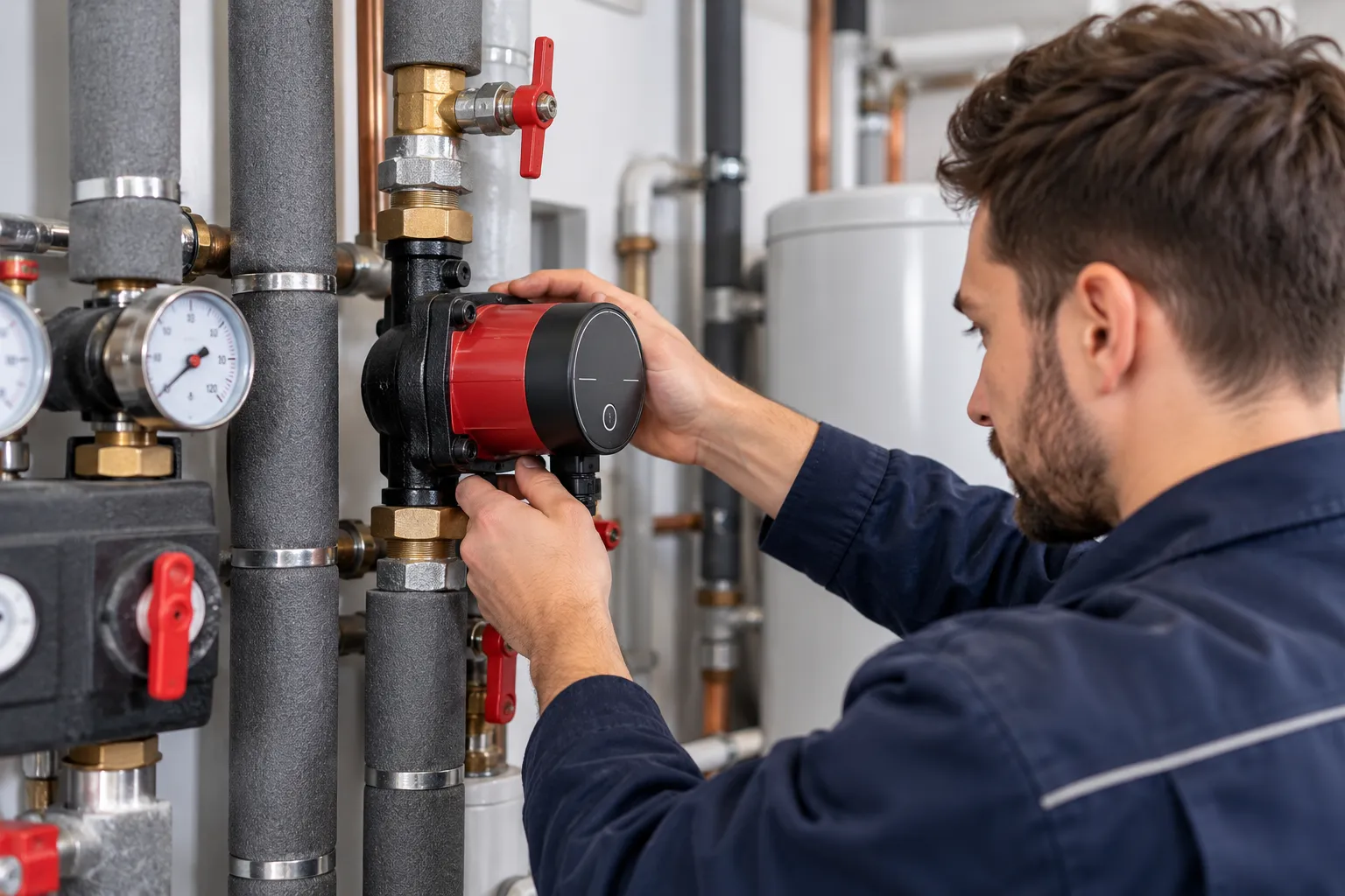 Techniker montiert eine neue Umwälzpumpe zwischen gedämmten Heizungsrohren mit Absperrhähnen im Heizungskeller
