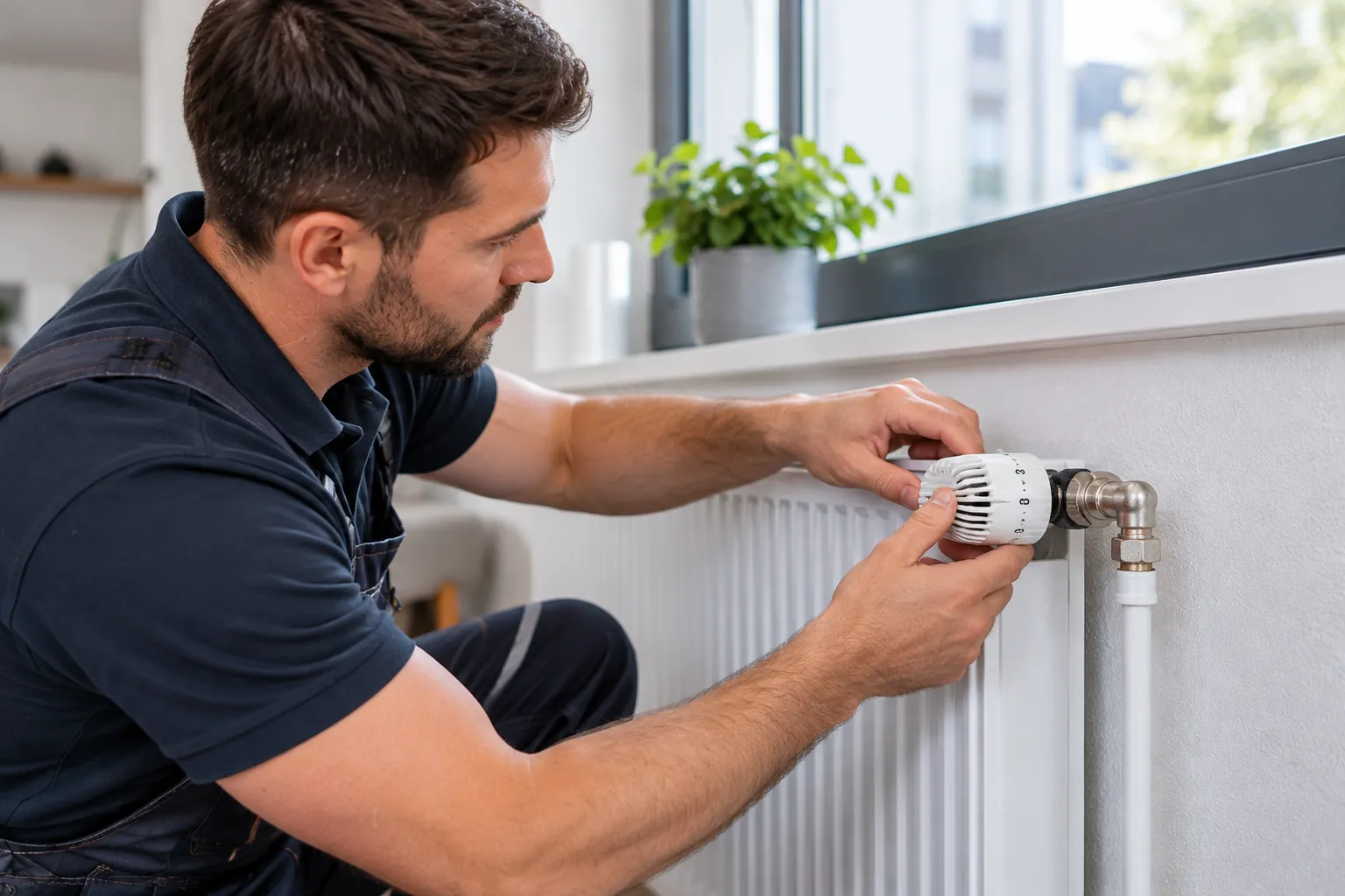 Techniker in dunkelblauer Arbeitskleidung dreht am weißen Thermostatkopf eines Heizkörpers unter einem Fenster