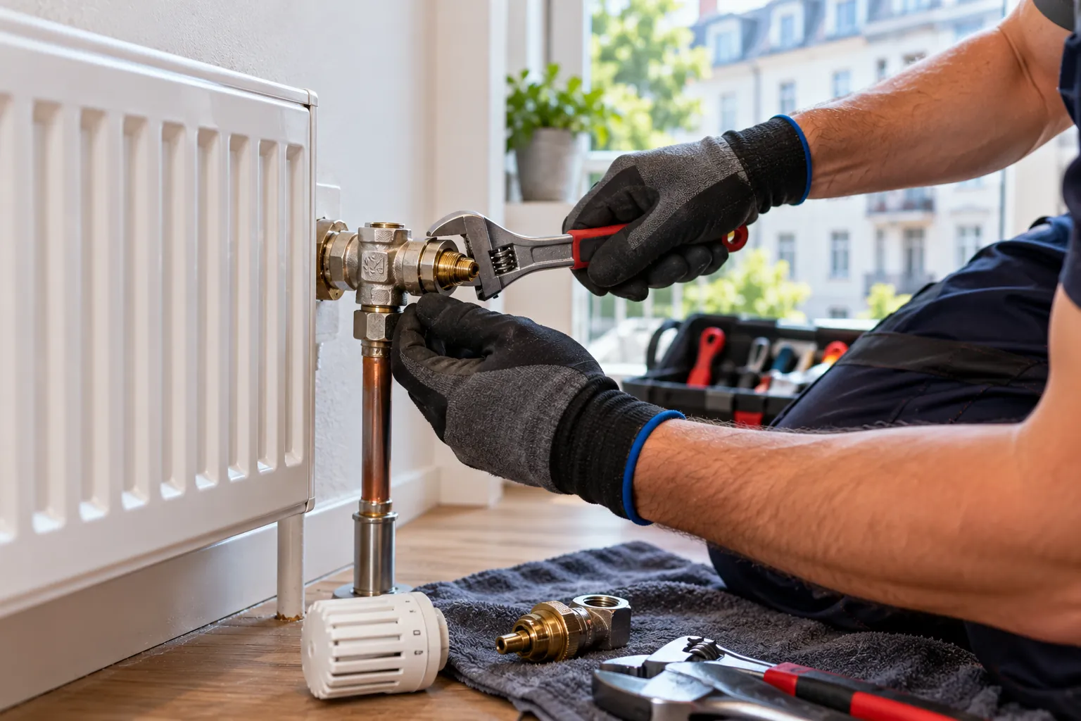 Monteur mit Arbeitshandschuhen setzt mit einem Maulschlüssel ein Messing-Heizkörperventil an einem weißen Heizkörper an, davor liegen Thermostatkopf und altes Ventil auf einem Tuch