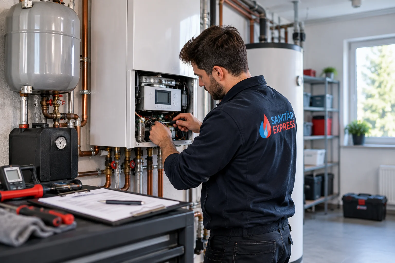 Monteur von Sanitär Express Berlin bei der Wartung einer geöffneten Gastherme, daneben das Wartungsprotokoll