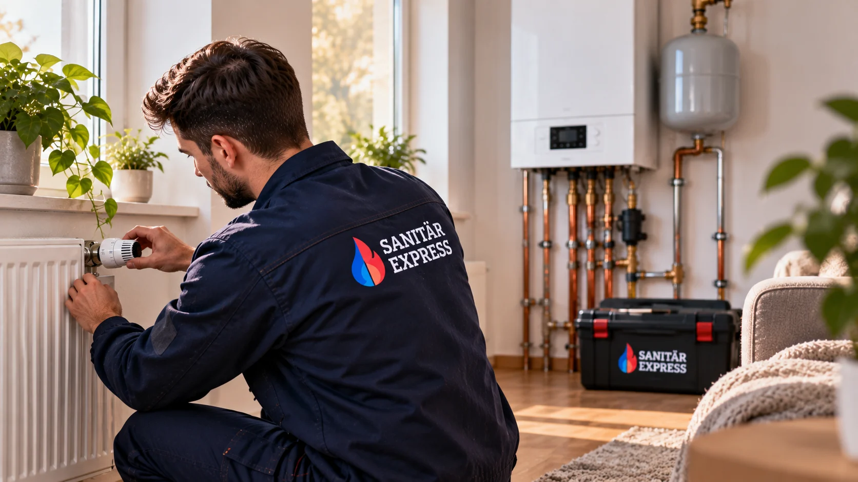 Monteur von Sanitär Express Berlin prüft ein Heizkörperthermostat in einer Berliner Wohnung, im Hintergrund die wandhängende Therme