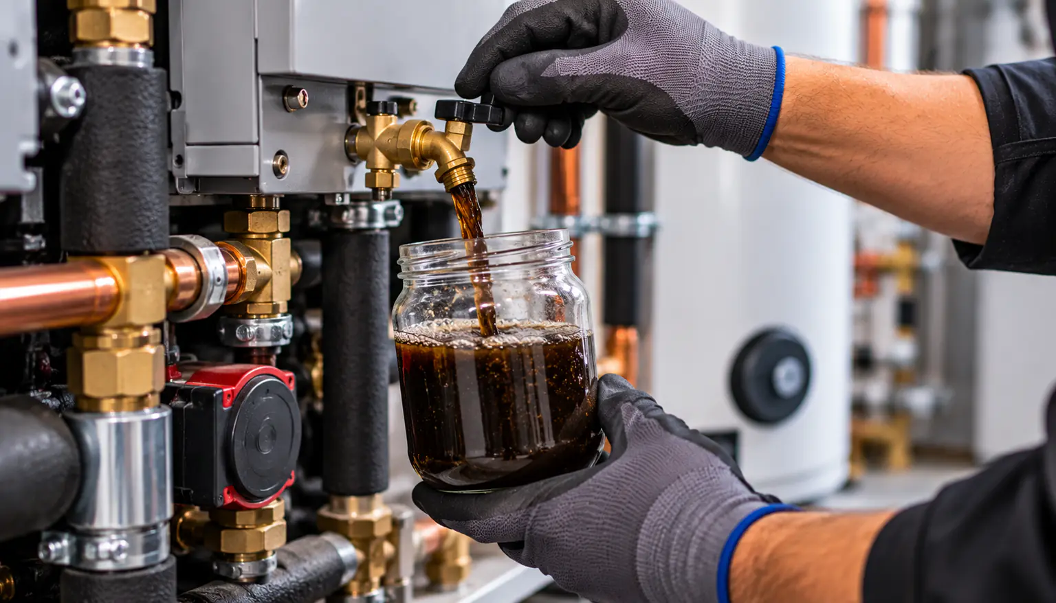 Techniker fängt dunkel verfärbtes Heizungswasser zur Begutachtung in einem Glas auf