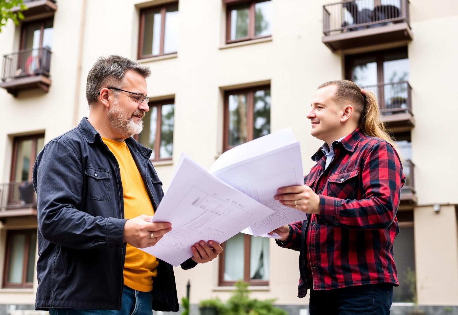 Eigentümer bespricht Modernisierungsplan mit Fachbetrieb vor Berliner Mietshaus