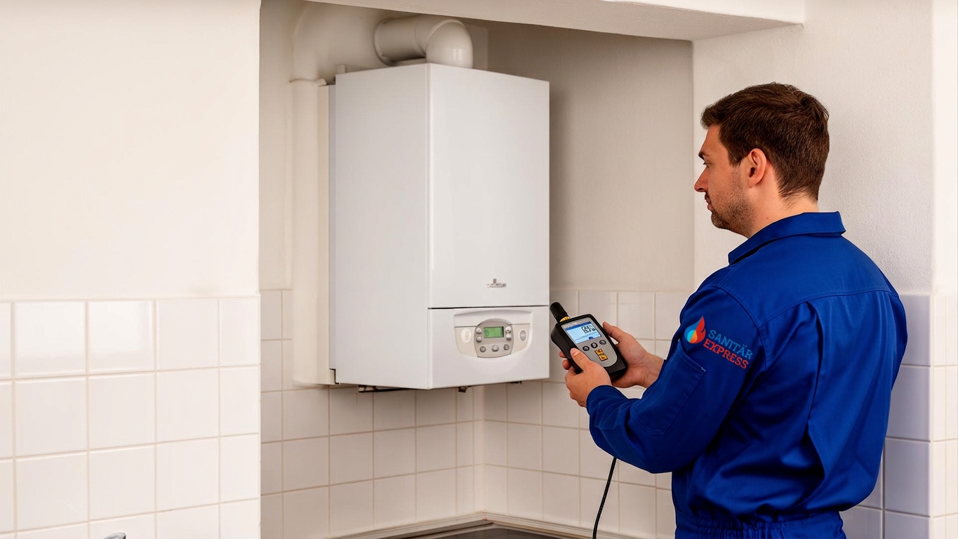 Monteur an einer Gastherme in einer Berliner Wohnung